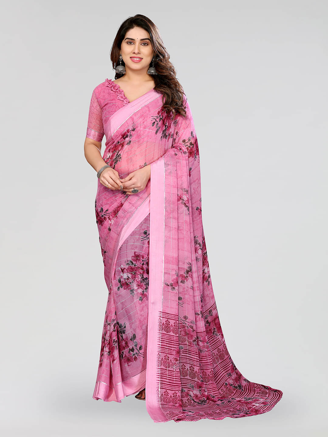     			Kashvi Sarees Georgette Printed Kasavu Saree With Unstitched Blouse Piece ( PINK )