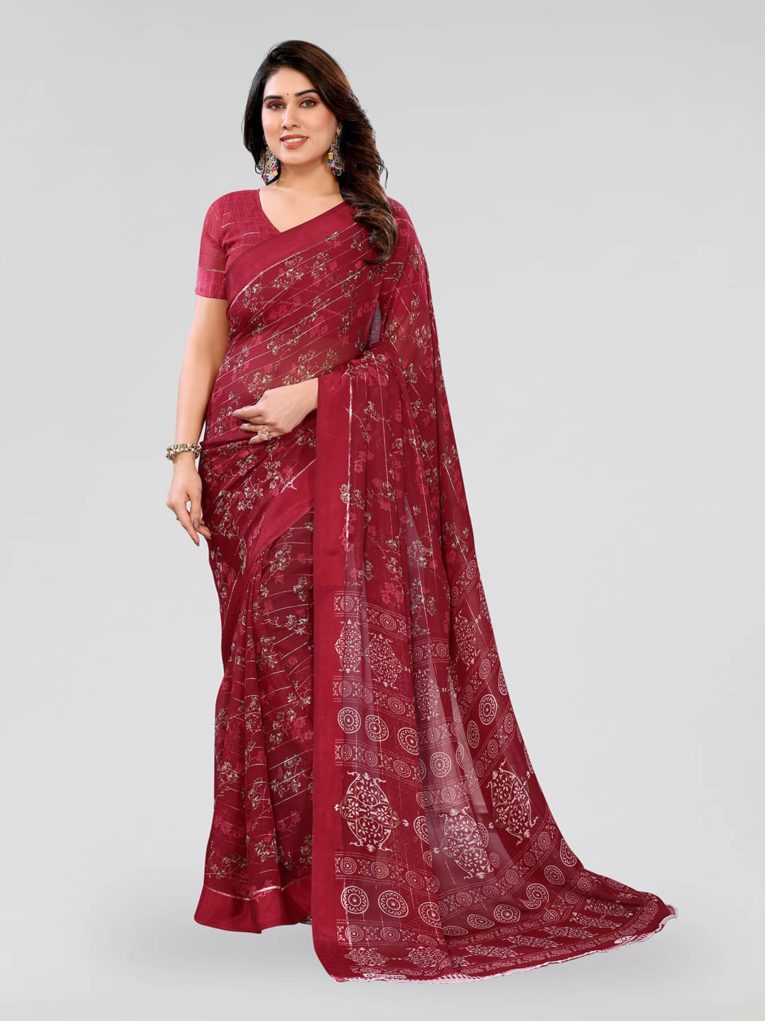     			Kashvi Sarees Georgette Printed Kasavu Saree With Unstitched Blouse Piece ( MAROON )
