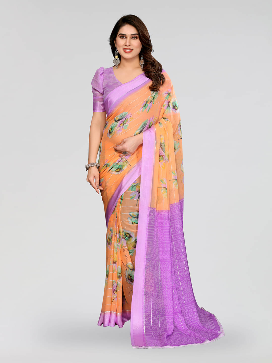     			Kashvi Sarees Georgette Printed Kasavu Saree With Unstitched Blouse Piece ( ORANGE )