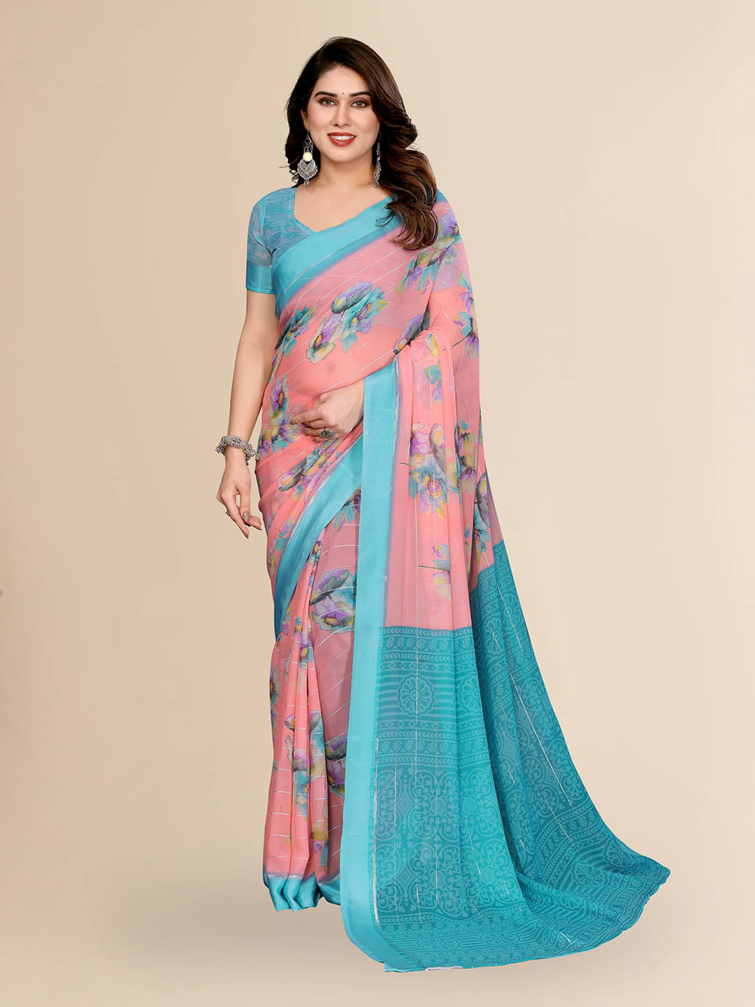     			Kashvi Sarees Georgette Printed Kasavu Saree With Unstitched Blouse Piece ( PINK )