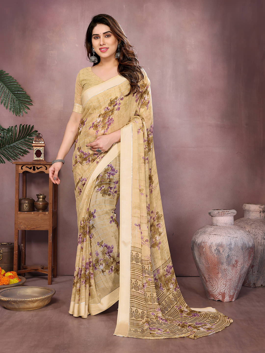     			Kashvi Sarees Georgette Printed Kasavu Saree With Unstitched Blouse Piece ( BROWN )