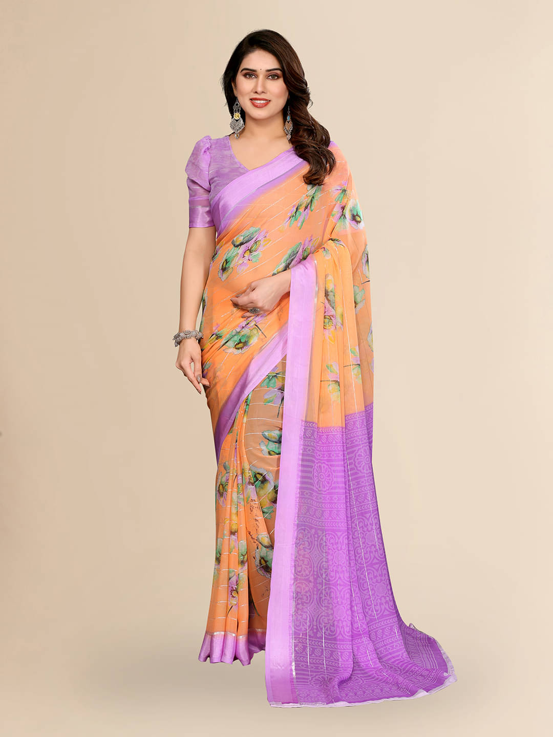 Kashvi Sarees Georgette Printed Kasavu Saree With Unstitched Blouse Piece ( ORANGE )     			Kashvi Sarees Georgette Printed Kasavu Saree With Unstitched Blouse Piece ( ORANGE )