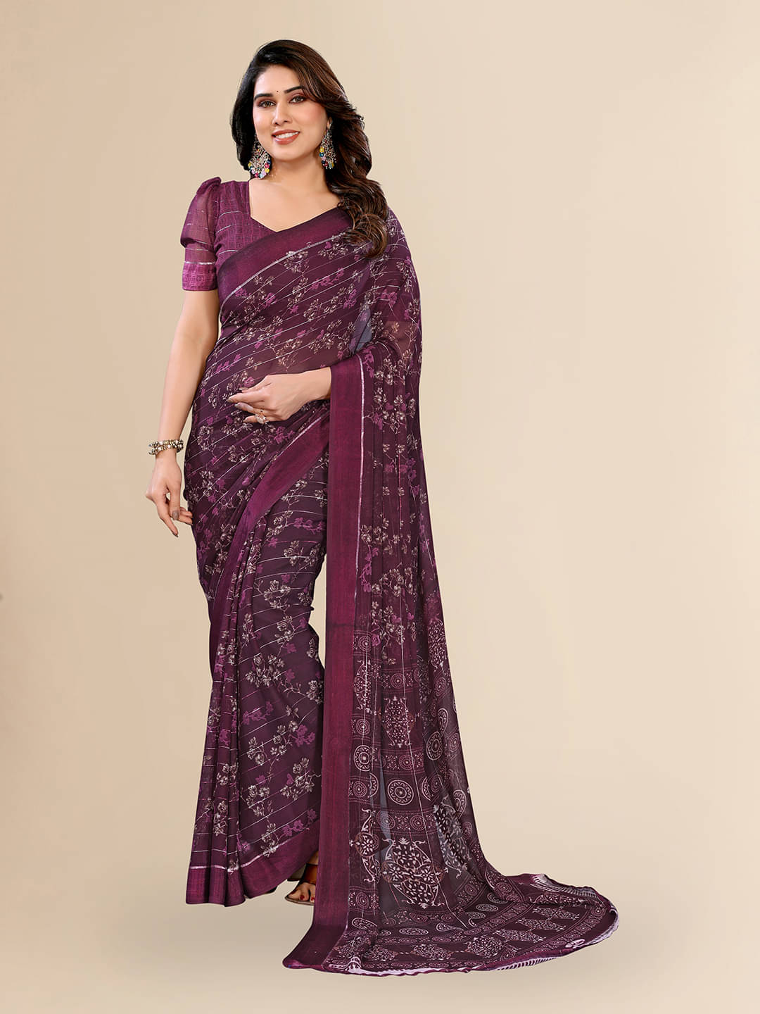     			Kashvi Sarees Georgette Printed Kasavu Saree With Unstitched Blouse Piece ( WINE )
