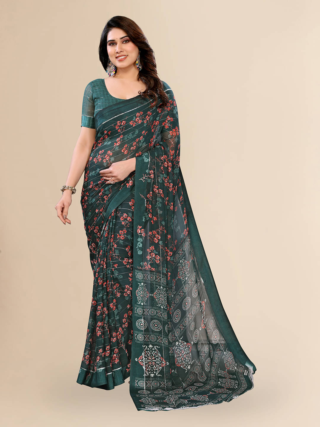 Kashvi Sarees Georgette Printed Kasavu Saree With Unstitched Blouse Piece ( GREEN ) Kashvi Sarees Georgette Printed Kasavu Saree With Unstitched Blouse Piece ( GREEN )