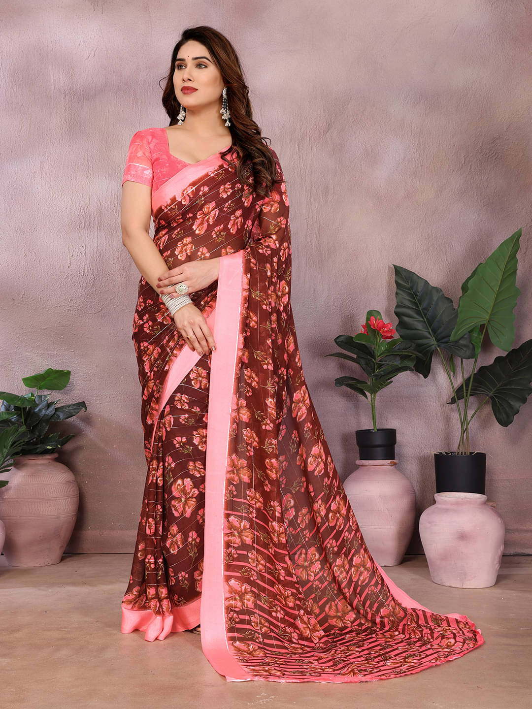     			Kashvi Sarees Georgette Printed Kasavu Saree With Unstitched Blouse Piece ( BROWN )