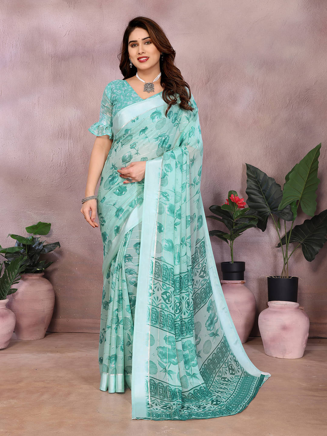     			Kashvi Sarees Georgette Printed Kasavu Saree With Unstitched Blouse Piece ( RAMA )