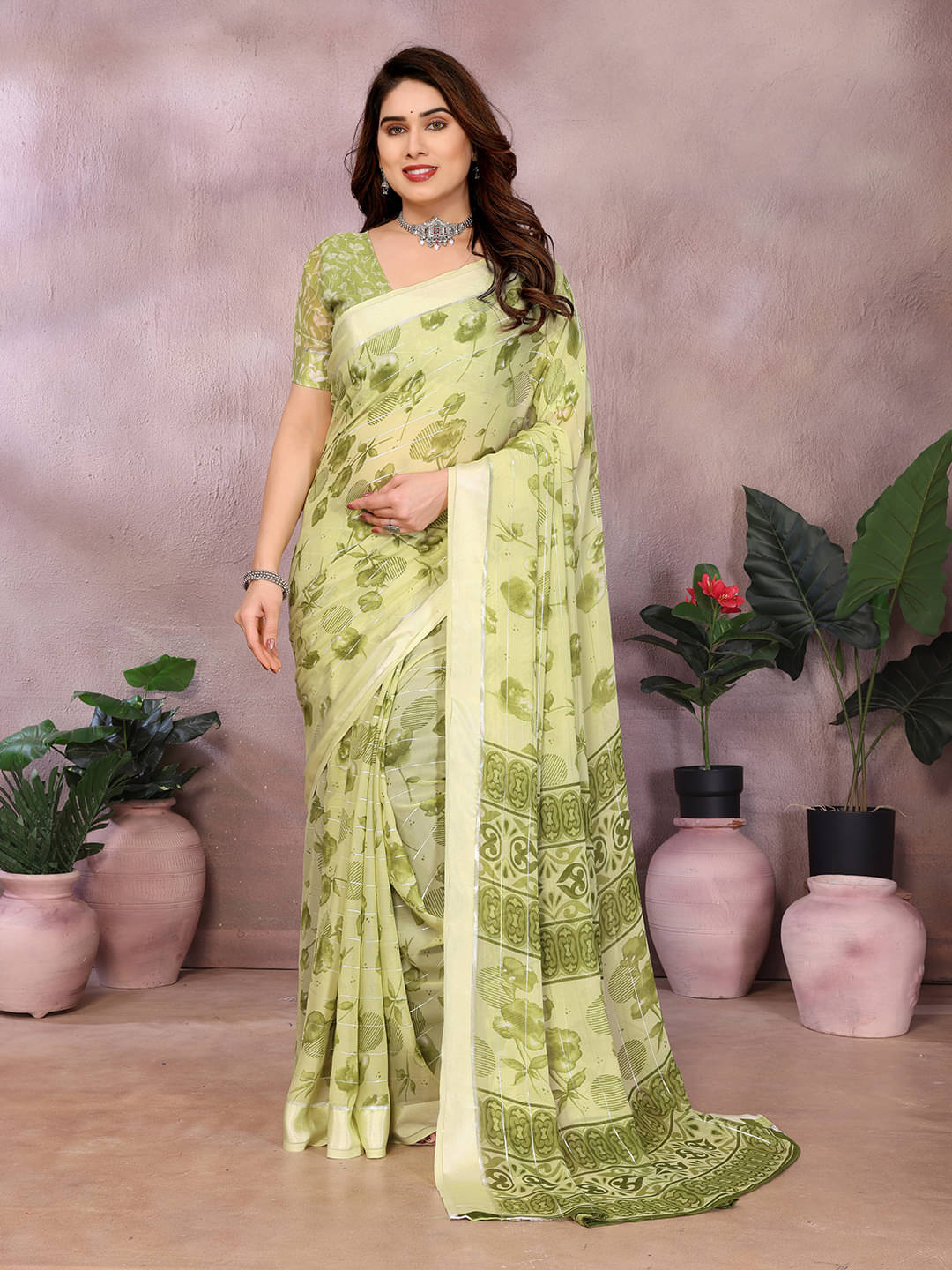     			Kashvi Sarees Georgette Printed Kasavu Saree With Unstitched Blouse Piece ( GREEN )