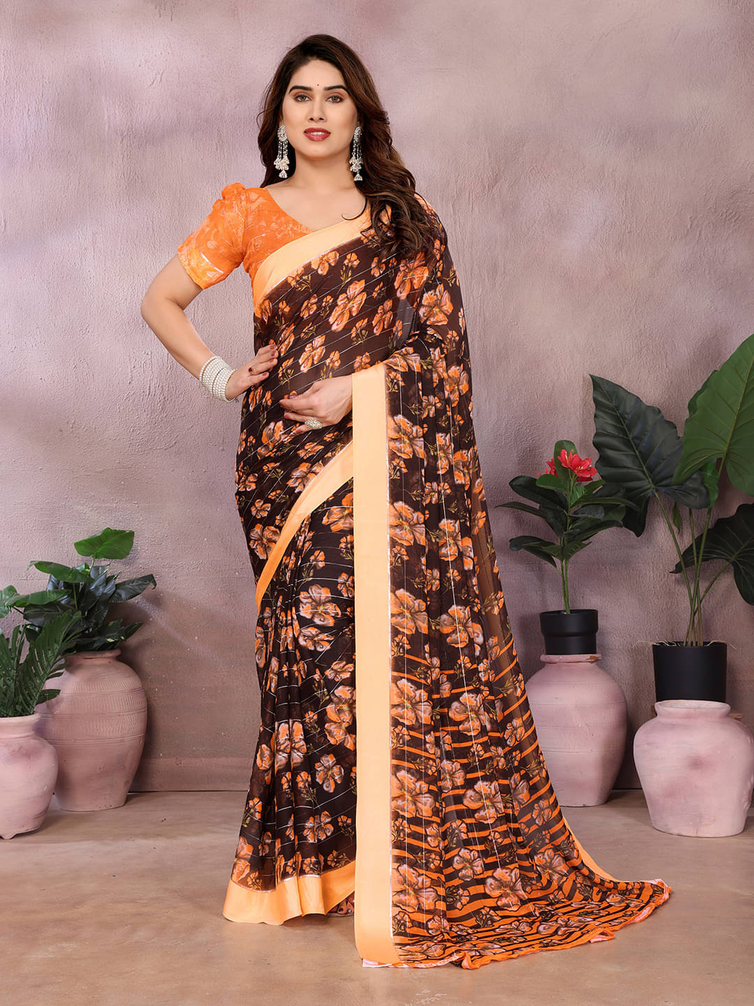 Kashvi Sarees Georgette Printed Kasavu Saree With Unstitched Blouse Piece ( COFFEE )     			Kashvi Sarees Georgette Printed Kasavu Saree With Unstitched Blouse Piece ( COFFEE )
