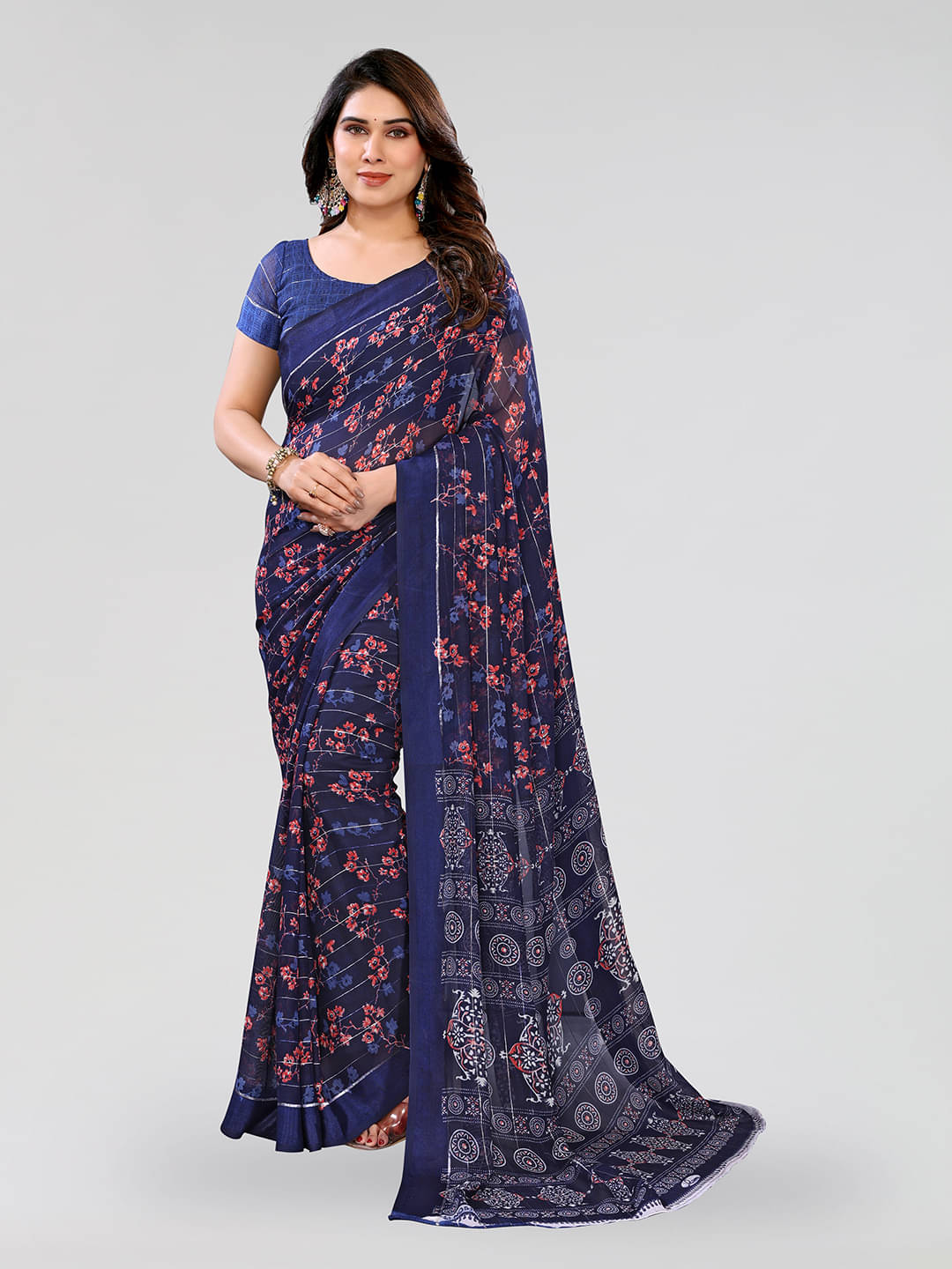 Kashvi Sarees Georgette Printed Kasavu Saree With Unstitched Blouse Piece ( BLUE )     			Kashvi Sarees Georgette Printed Kasavu Saree With Unstitched Blouse Piece ( BLUE )