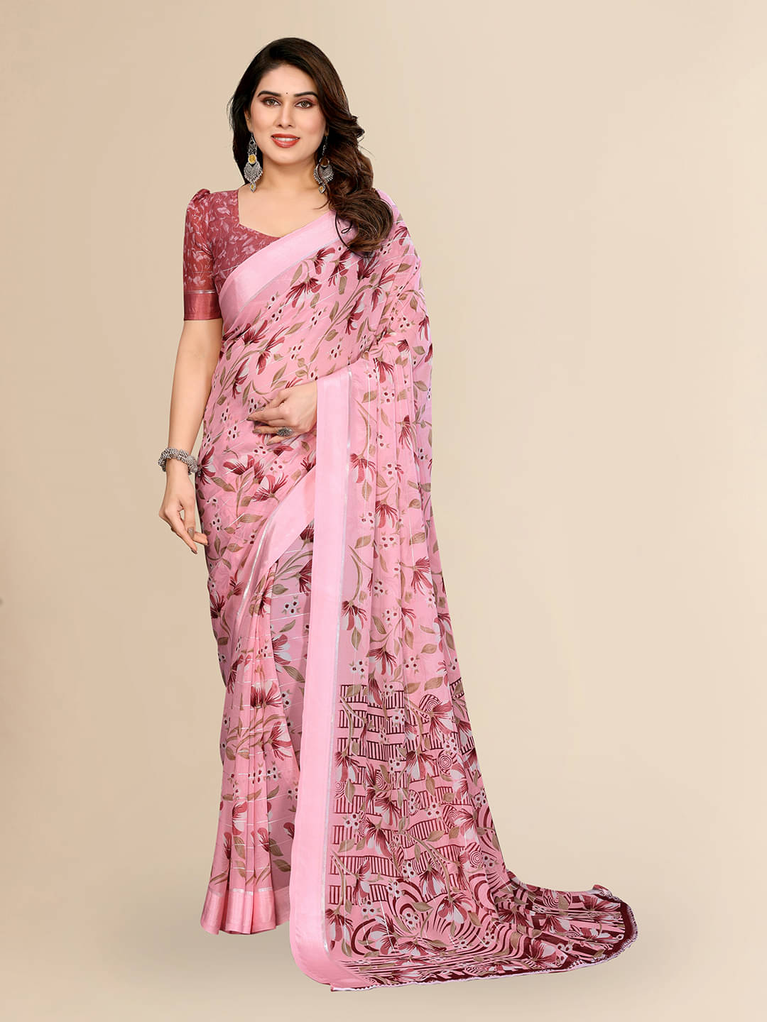     			Kashvi Sarees Georgette Printed Kasavu Saree With Unstitched Blouse Piece ( PINK )