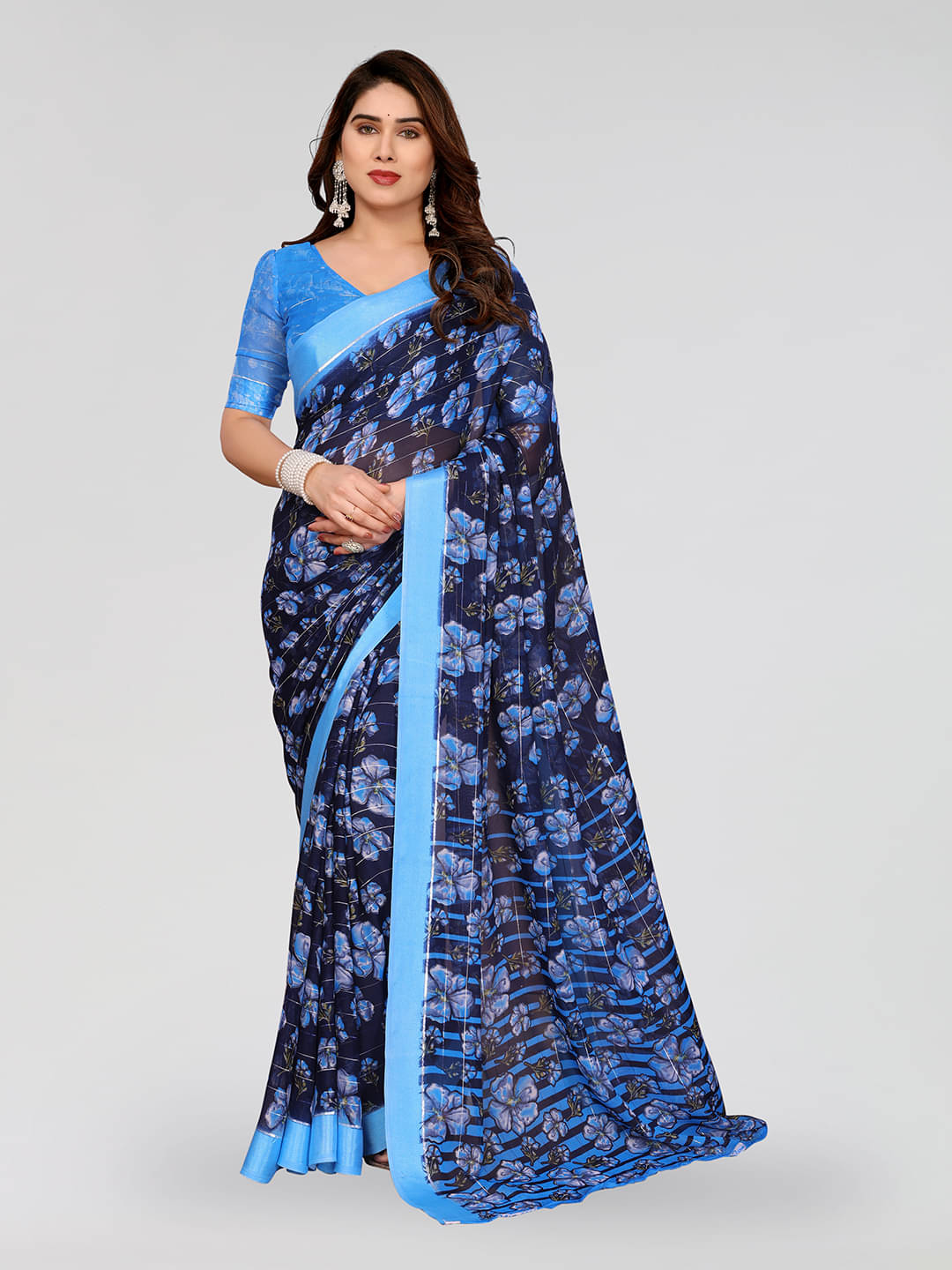     			Kashvi Sarees Georgette Printed Kasavu Saree With Unstitched Blouse Piece ( BLUE )