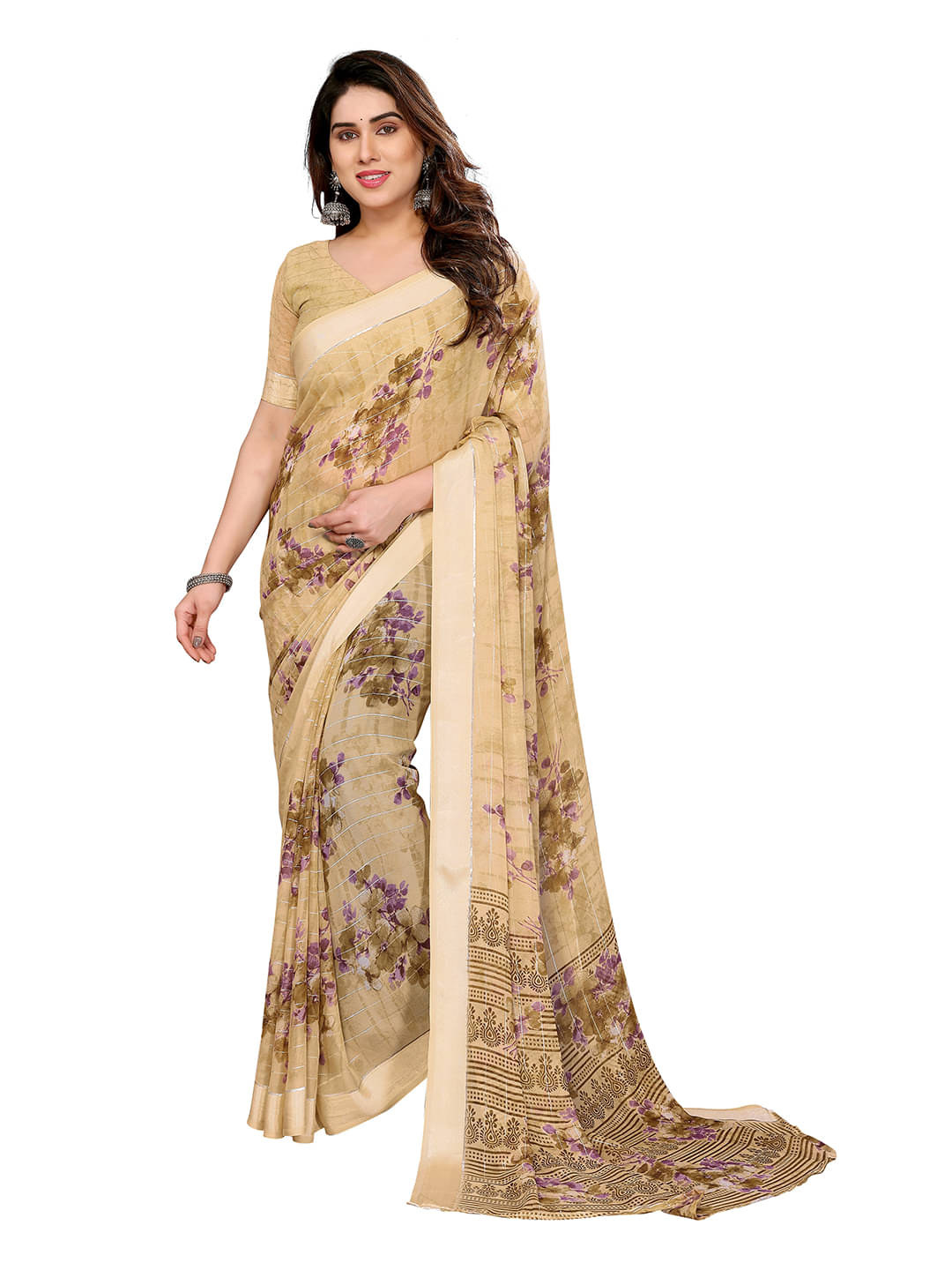 Kashvi Sarees Georgette Printed Kasavu Saree With Unstitched Blouse Piece ( BROWN )     			Kashvi Sarees Georgette Printed Kasavu Saree With Unstitched Blouse Piece ( BROWN )