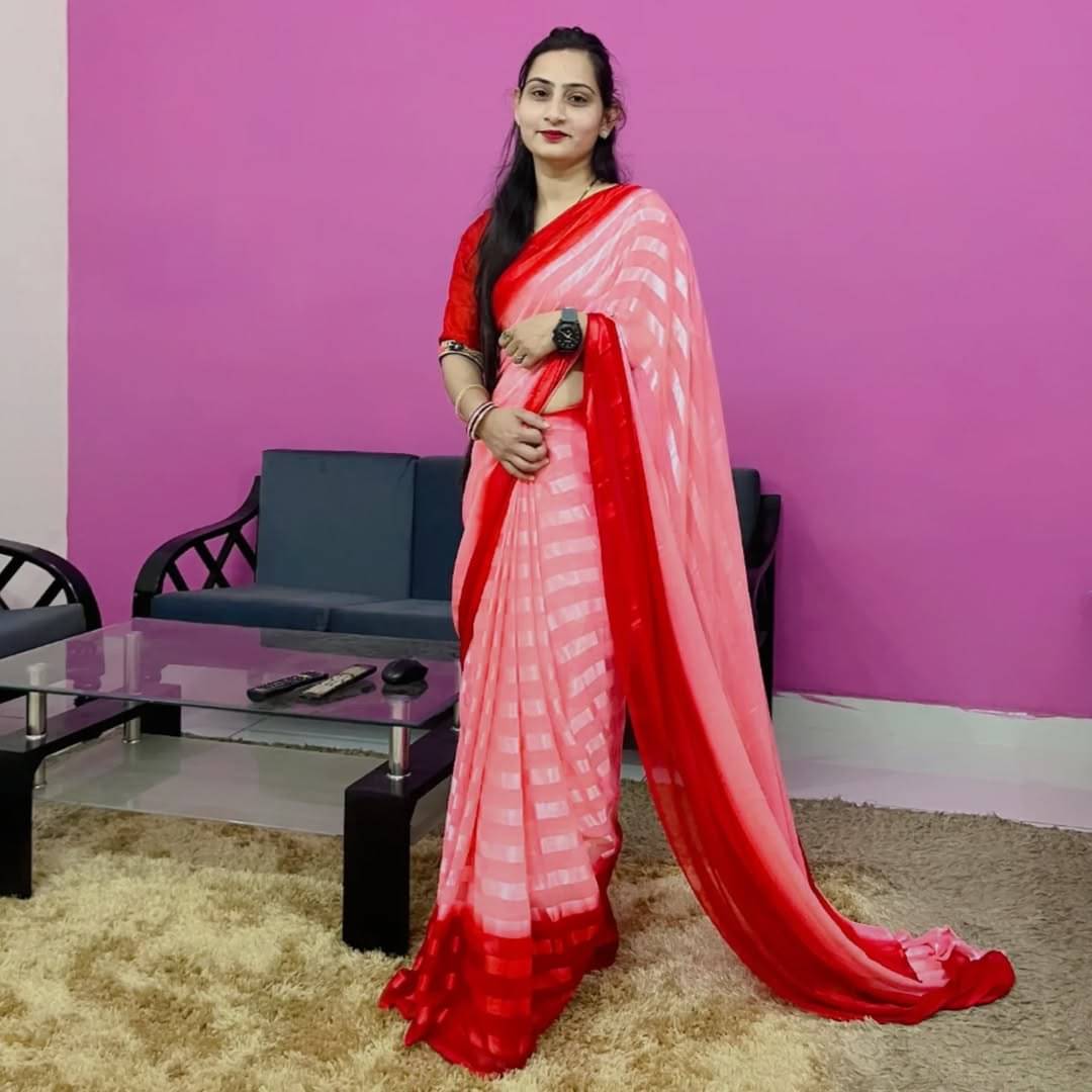     			Kashvi Sarees Georgette Striped Ilkal Saree With Unstitched Blouse Piece ( PINK )