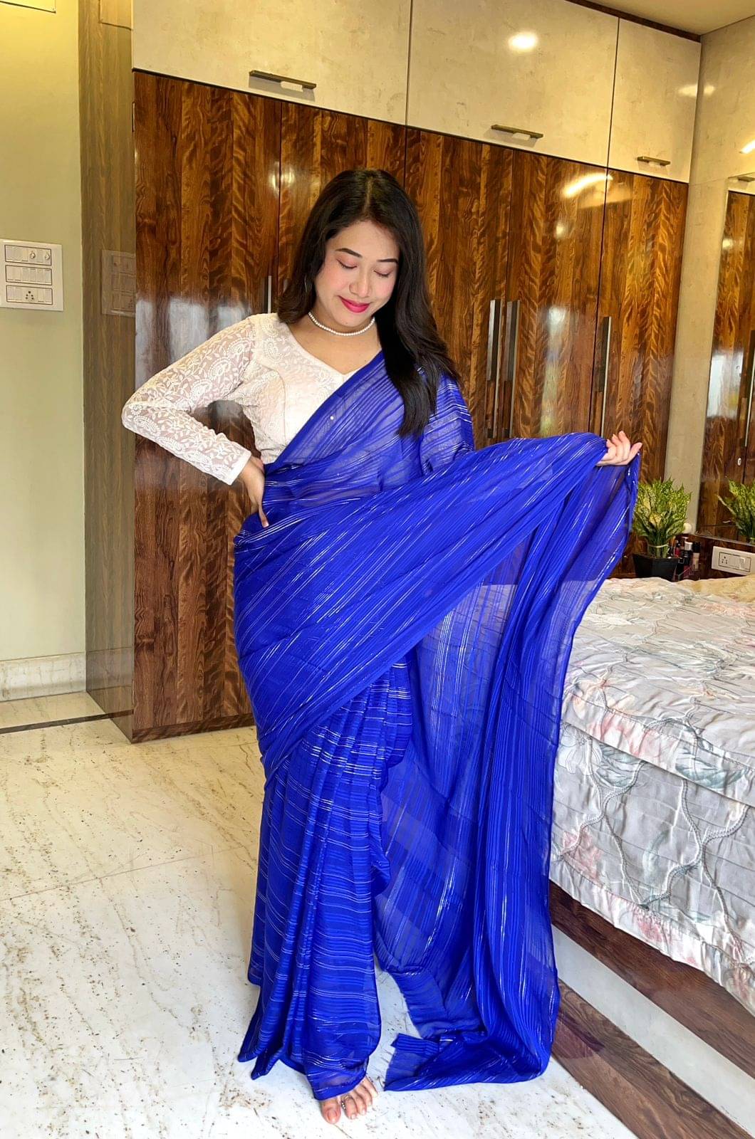 Kashvi Sarees Georgette Striped Ilkal Saree With Unstitched Blouse Piece ( BLUE )     			Kashvi Sarees Georgette Striped Ilkal Saree With Unstitched Blouse Piece ( BLUE )