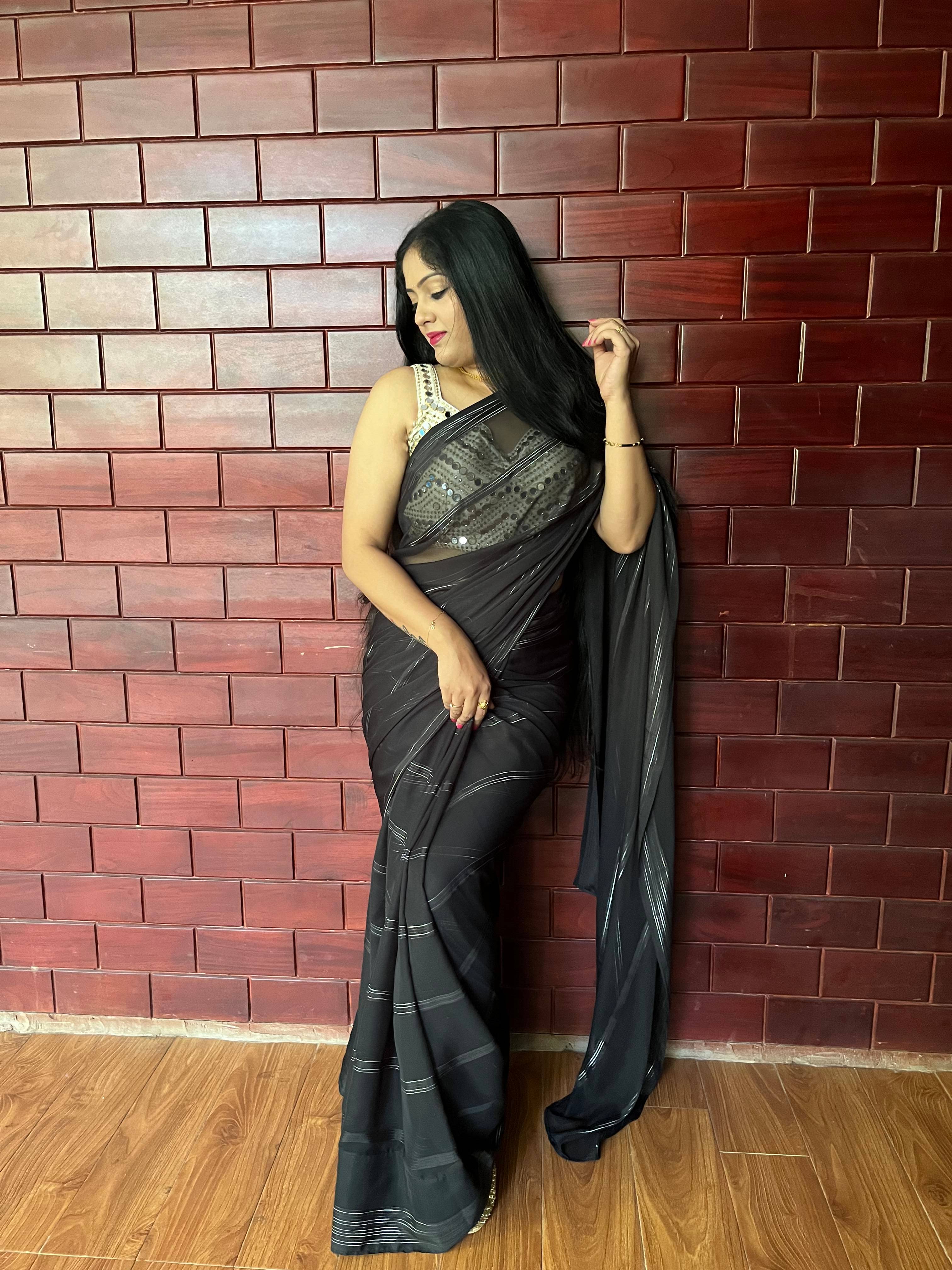     			Kashvi Sarees Georgette Striped Ilkal Saree With Unstitched Blouse Piece ( BLACK )