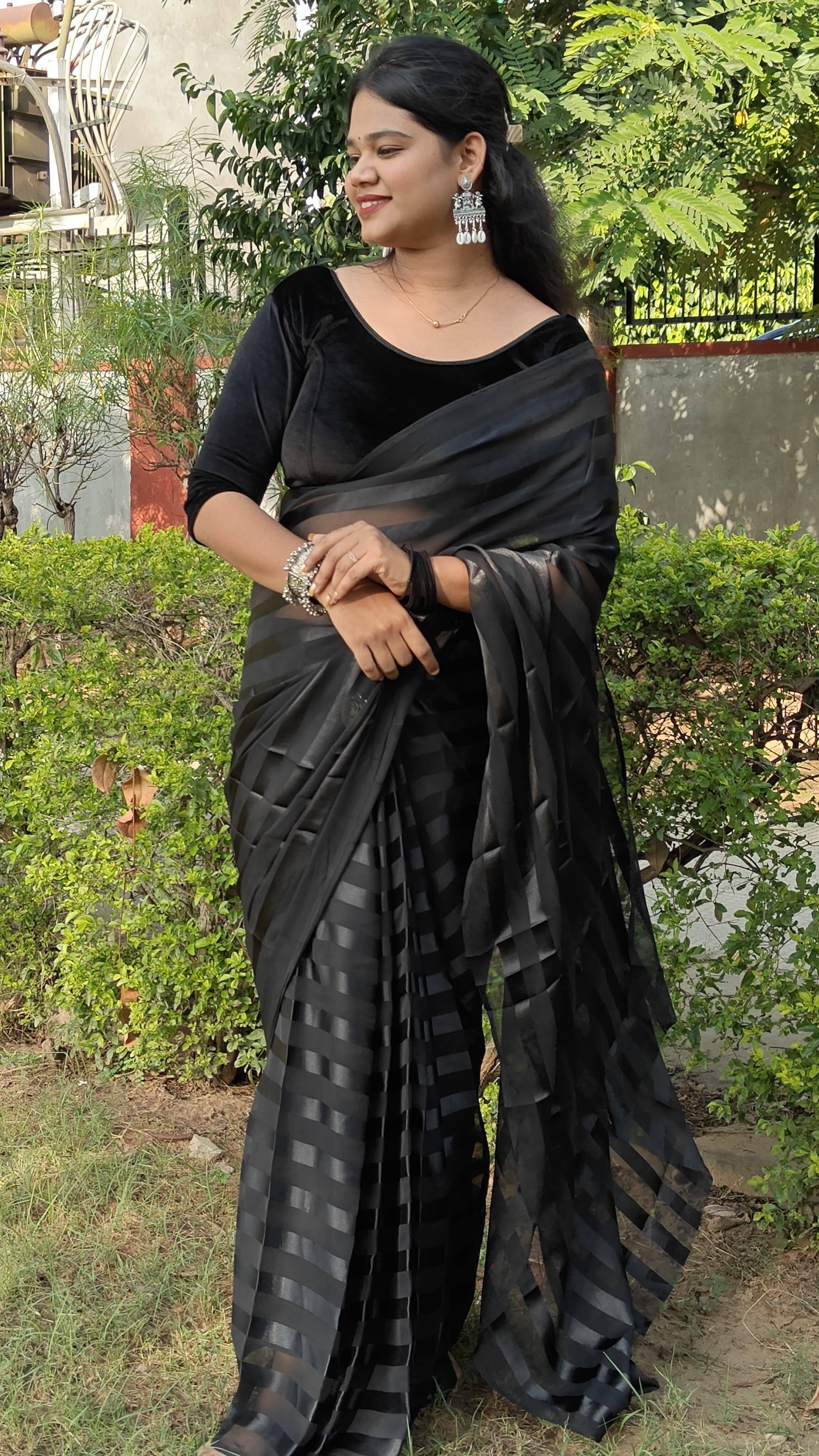     			Kashvi Sarees Georgette Striped Ilkal Saree With Unstitched Blouse Piece ( BLACK )