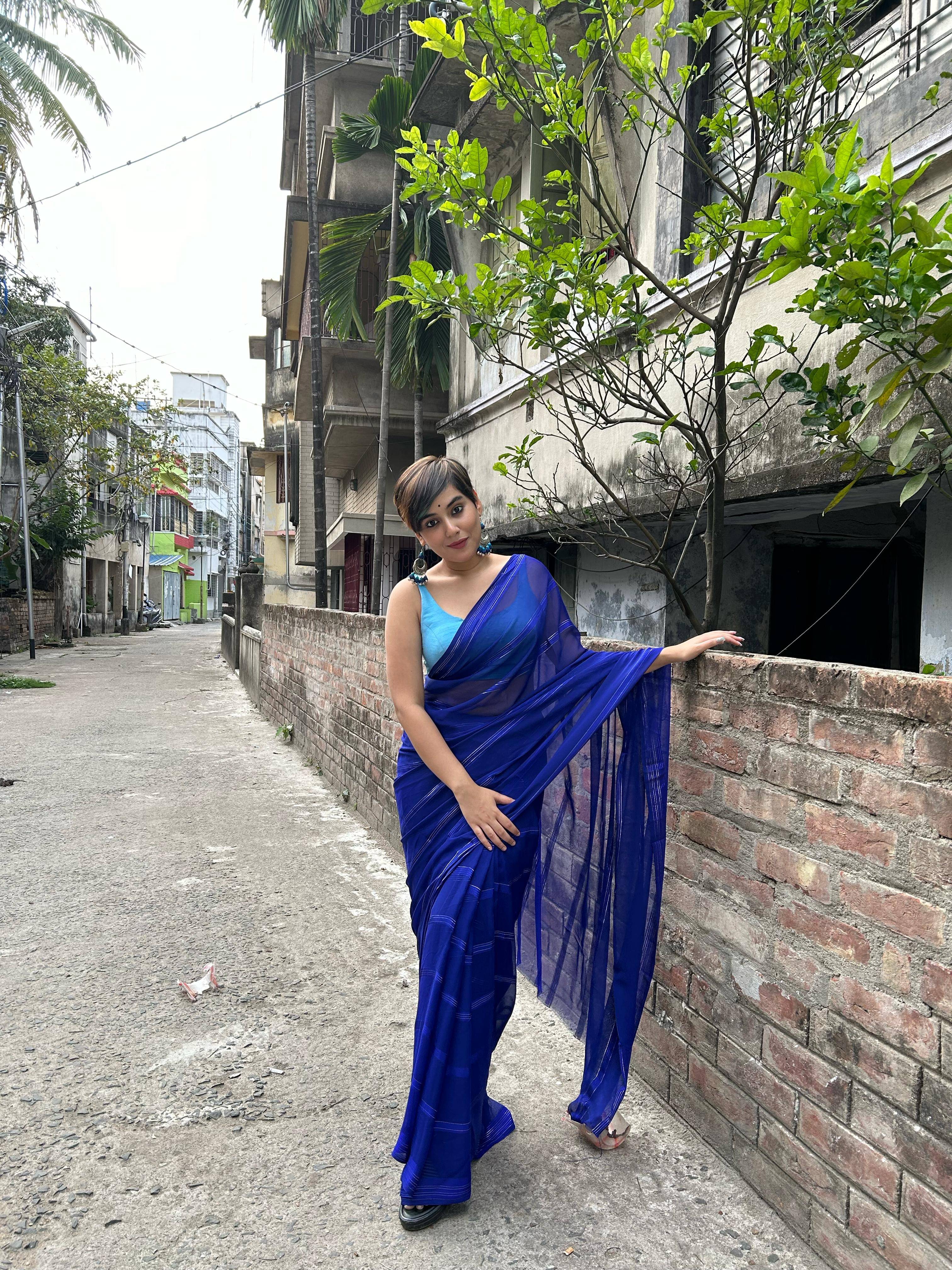 Kashvi Sarees Georgette Striped Ilkal Saree With Unstitched Blouse Piece ( BLUE )     			Kashvi Sarees Georgette Striped Ilkal Saree With Unstitched Blouse Piece ( BLUE )