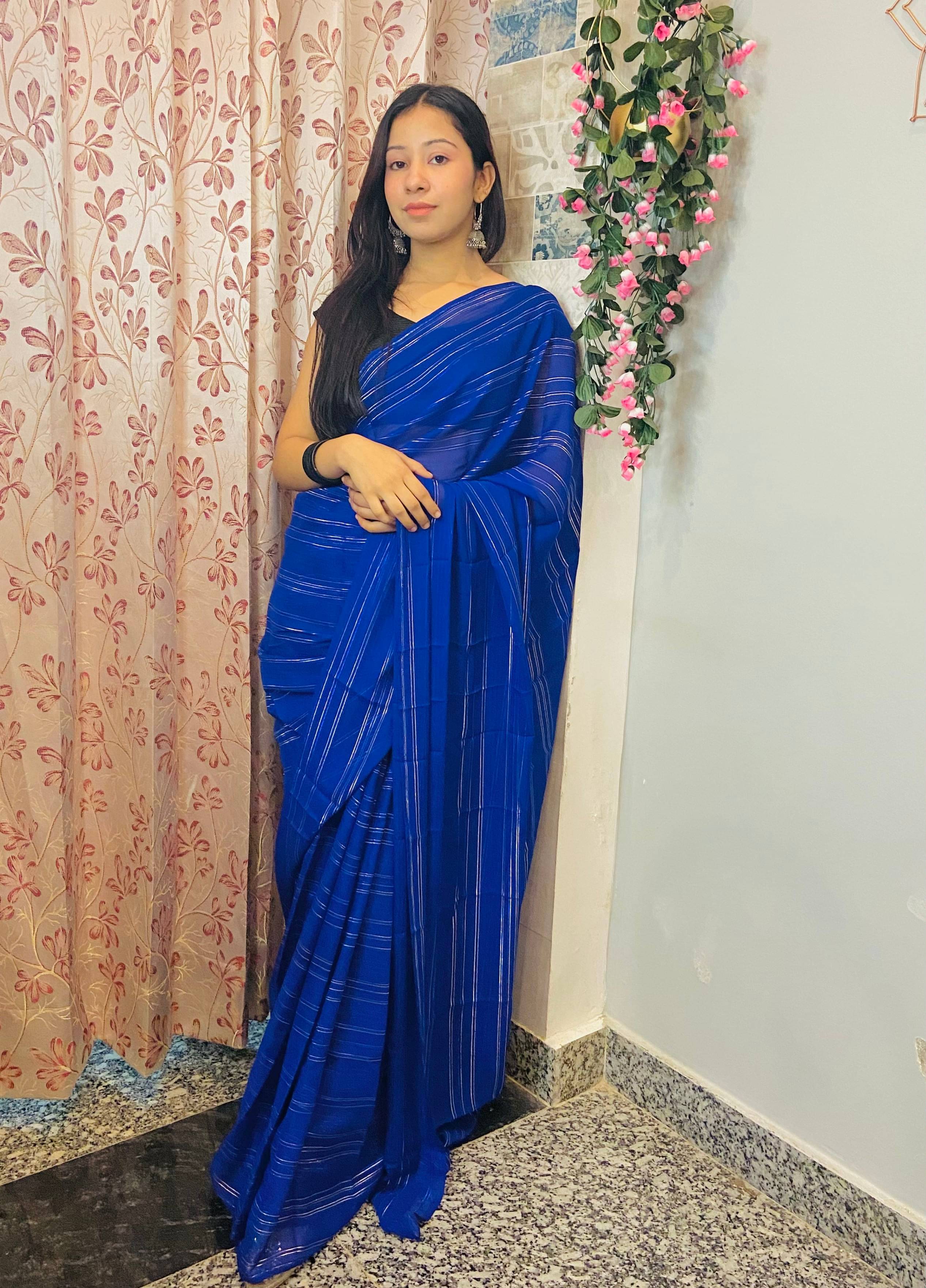 Kashvi Sarees Georgette Striped Ilkal Saree With Unstitched Blouse Piece ( BLUE )     			Kashvi Sarees Georgette Striped Ilkal Saree With Unstitched Blouse Piece ( BLUE )