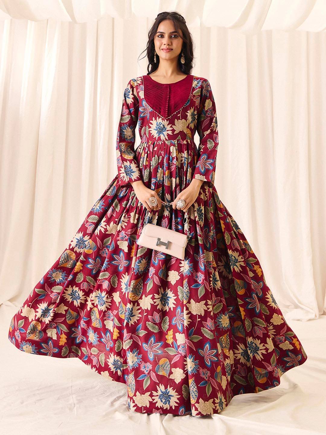 Madhuram Textiles Women Rayon Anarkali Stitched Ethnic Gown ( Maroon )     			Madhuram Textiles Women Rayon Anarkali Stitched Ethnic Gown ( Maroon )