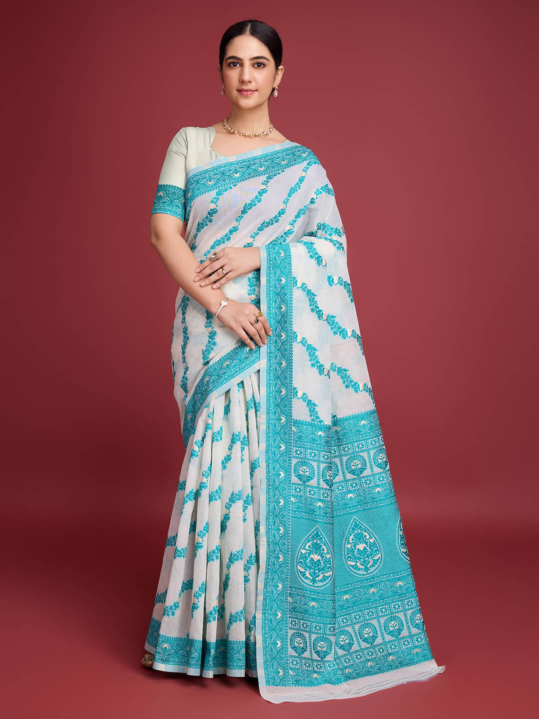 Nil Madhav Art Cotton Colorblock Banarasi saree With Unstitched Blouse Piece ( Aqua Blue )     			Nil Madhav Art Cotton Colorblock Banarasi saree With Unstitched Blouse Piece ( Aqua Blue )