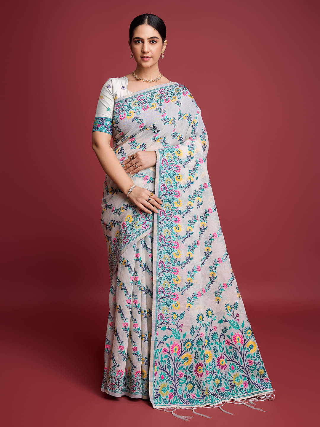 Nil Madhav Art Cotton Embellished Pashmina Saree With Unstitched Blouse Piece ( Mint Green )     			Nil Madhav Art Cotton Embellished Pashmina Saree With Unstitched Blouse Piece ( Mint Green )