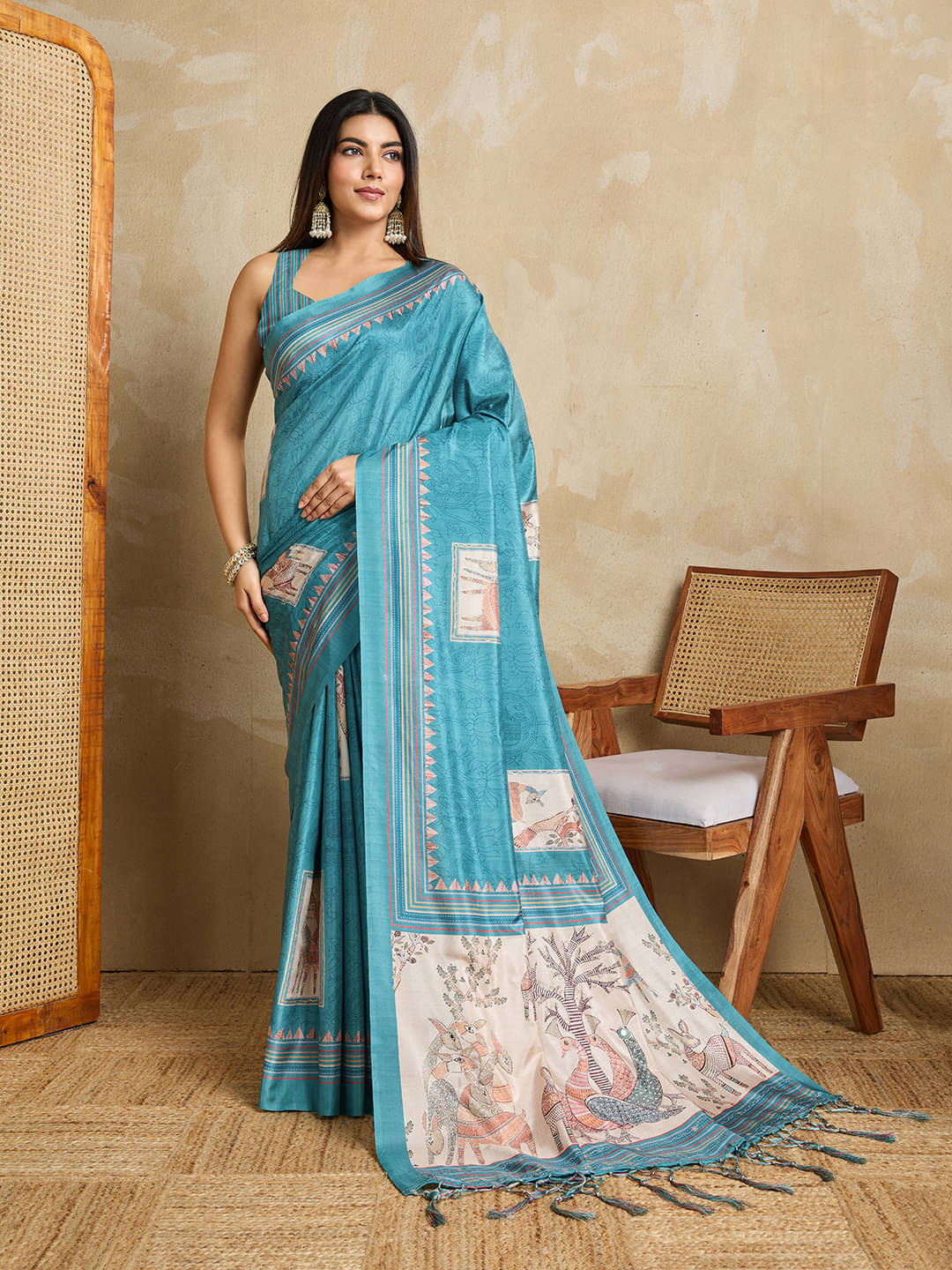 Nil Madhav Art Cotton Silk Printed Banarasi saree With Unstitched Blouse Piece ( Sky Blue )     			Nil Madhav Art Cotton Silk Printed Banarasi saree With Unstitched Blouse Piece ( Sky Blue )