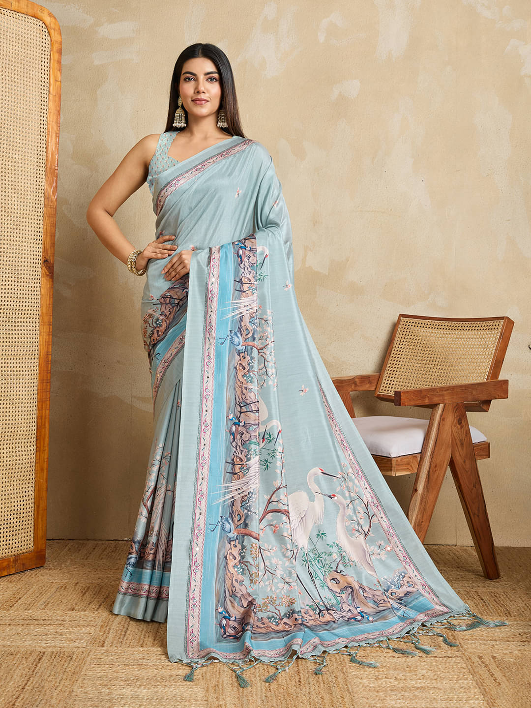     			Nil Madhav Art Cotton Silk Printed Banarasi saree With Unstitched Blouse Piece ( Green )