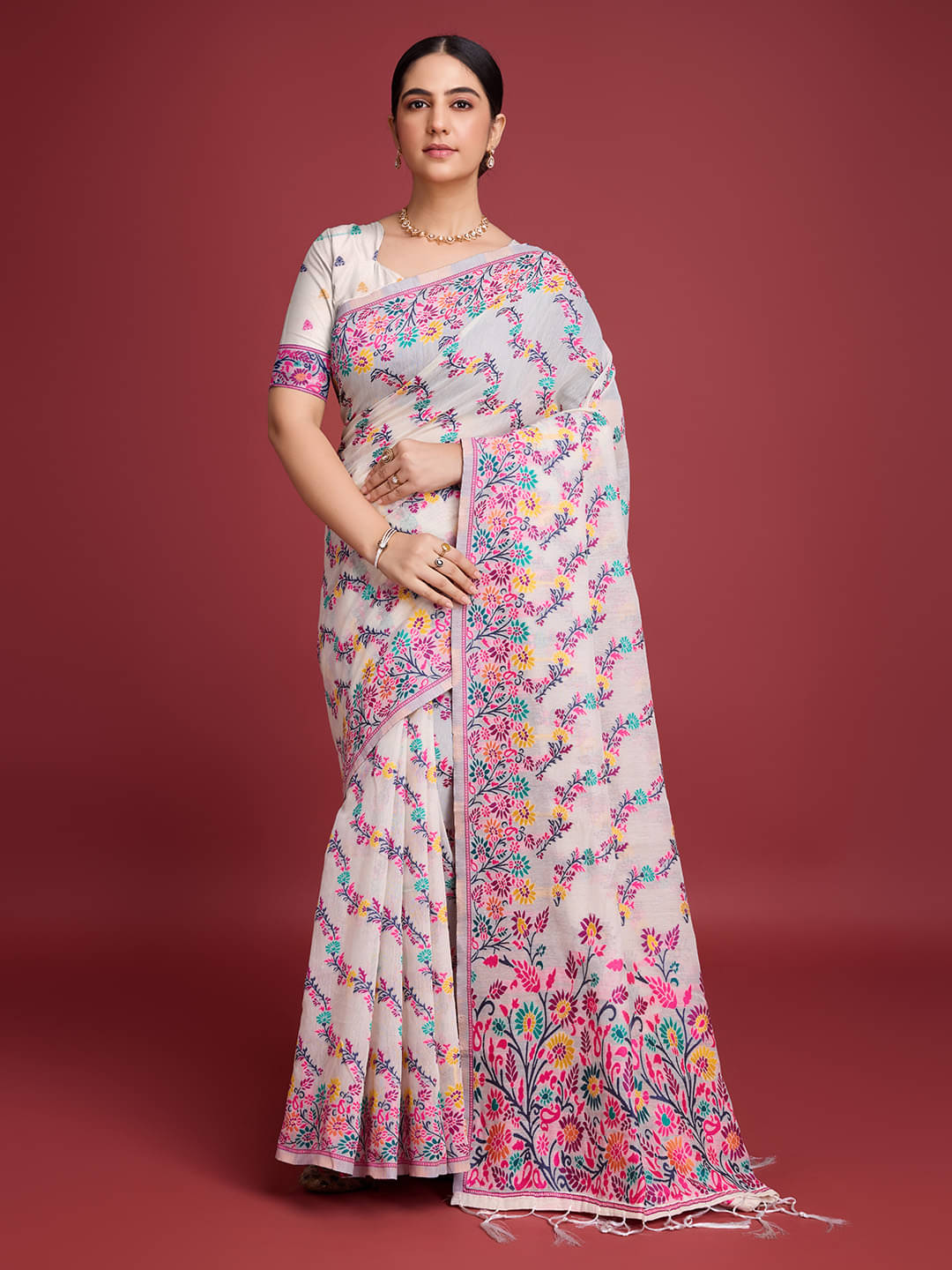 Nil Madhav Art Cotton Woven Design Pashmina Saree With Unstitched Blouse Piece ( Pink ) Nil Madhav Art Cotton Woven Design Pashmina Saree With Unstitched Blouse Piece ( Pink )