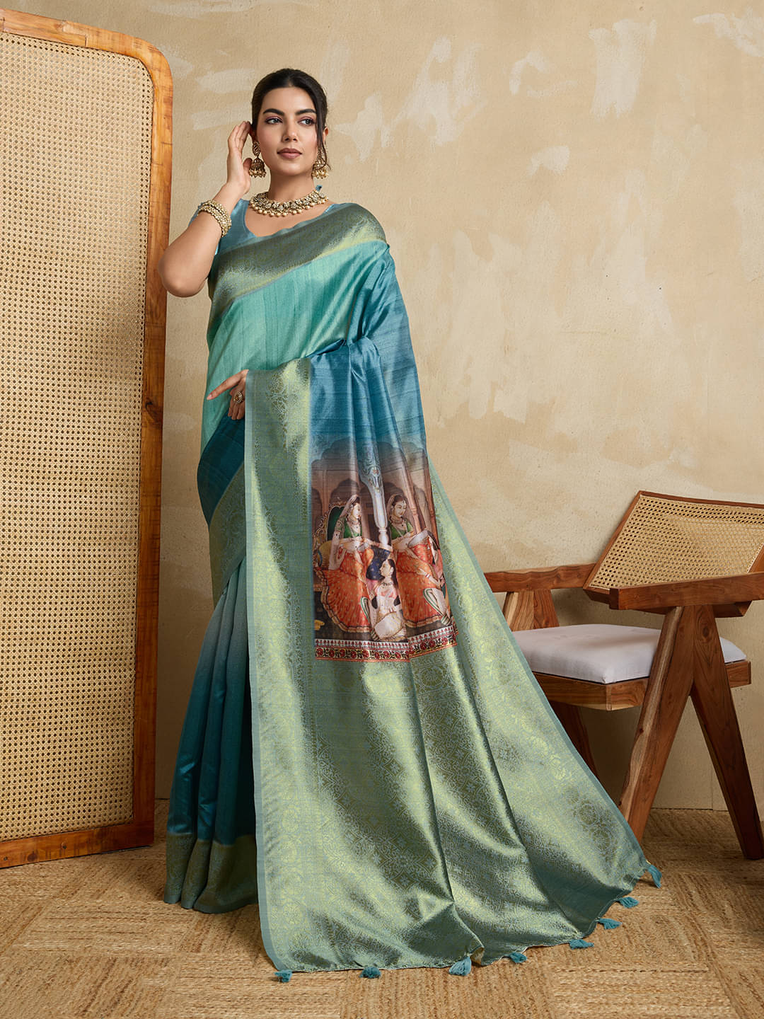     			Nil Madhav Art Silk Blend Embellished Baluchari Saree With Unstitched Blouse Piece ( Blue )