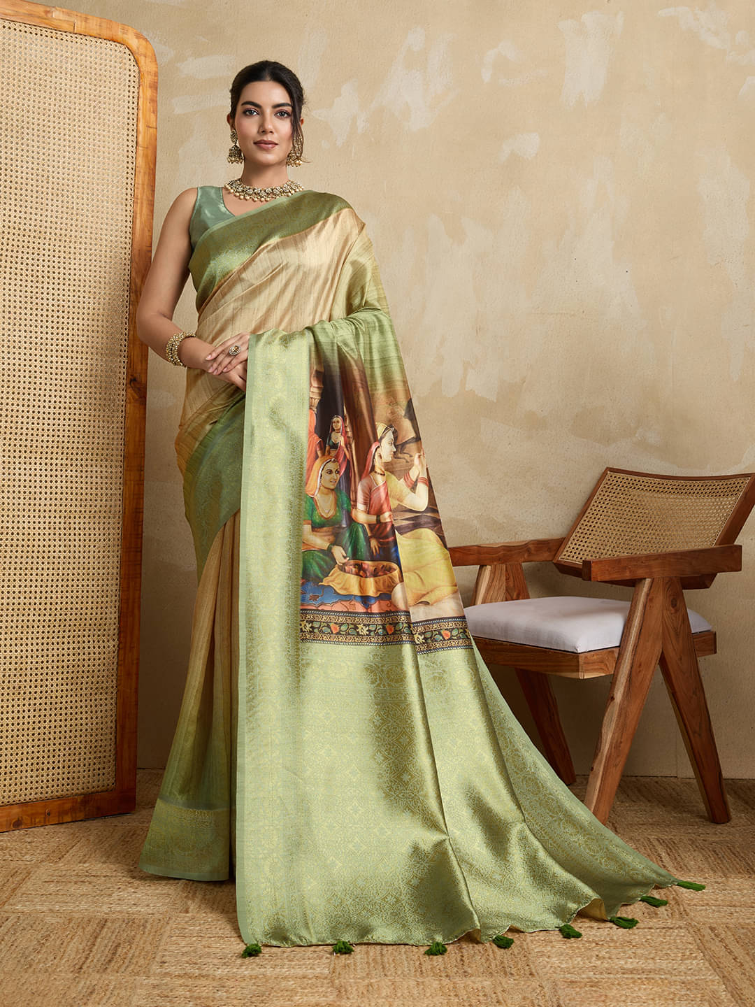 Nil Madhav Art Silk Blend Embellished Baluchari Saree With Unstitched Blouse Piece ( Light Green )     			Nil Madhav Art Silk Blend Embellished Baluchari Saree With Unstitched Blouse Piece ( Light Green )