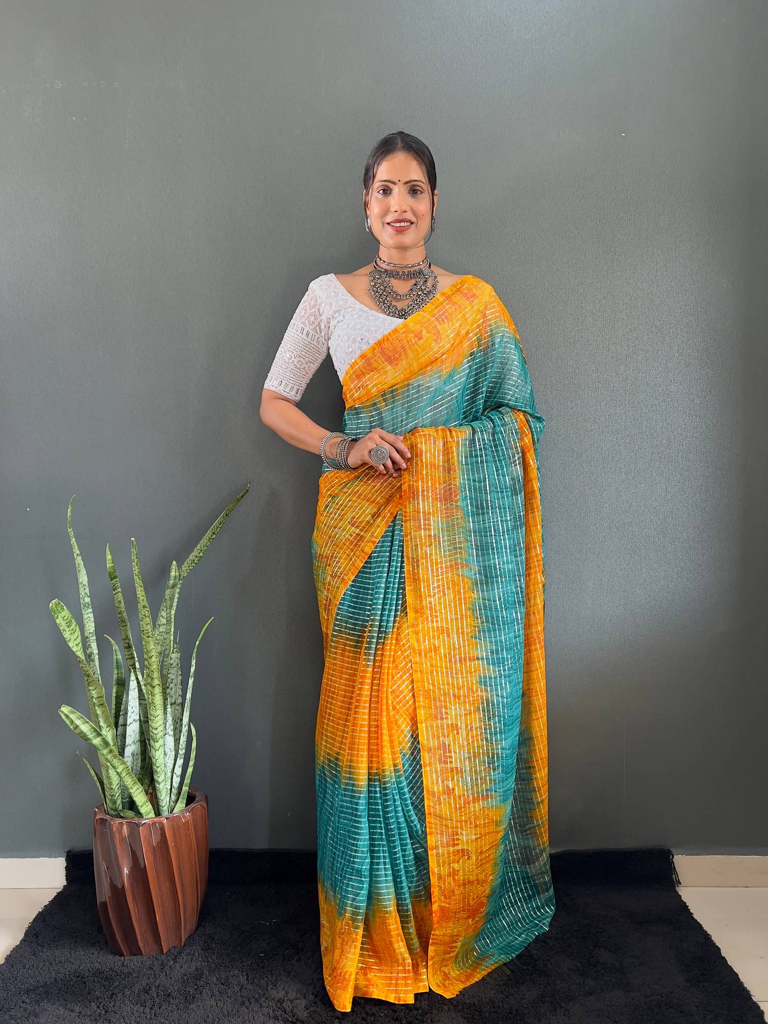     			SATVASHIV Chiffon Striped Regular Saree With Unstitched Blouse Piece ( Yellow )