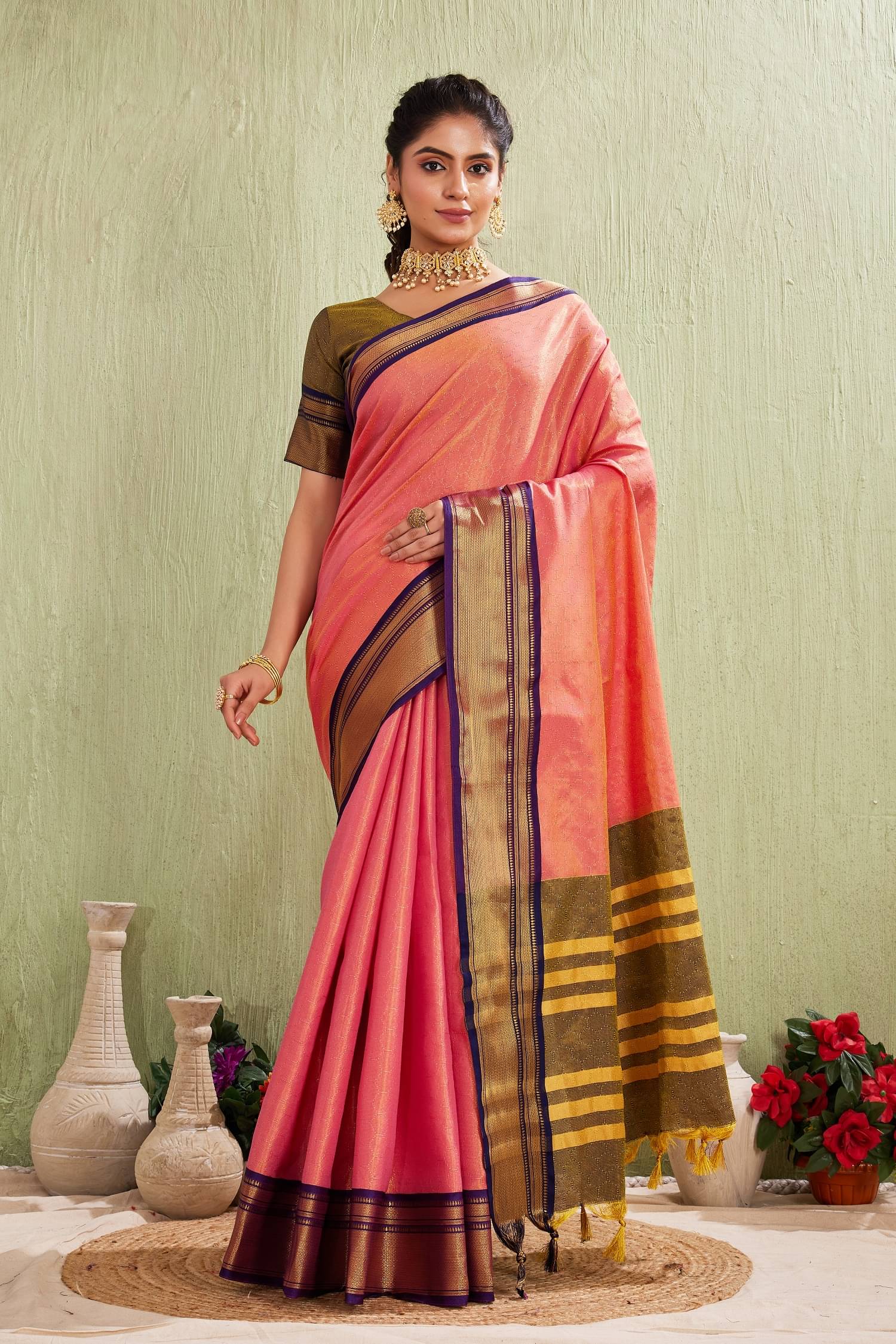     			SATVASHIV Cotton Silk Woven Regular Saree With Unstitched Blouse Piece ( Pink )
