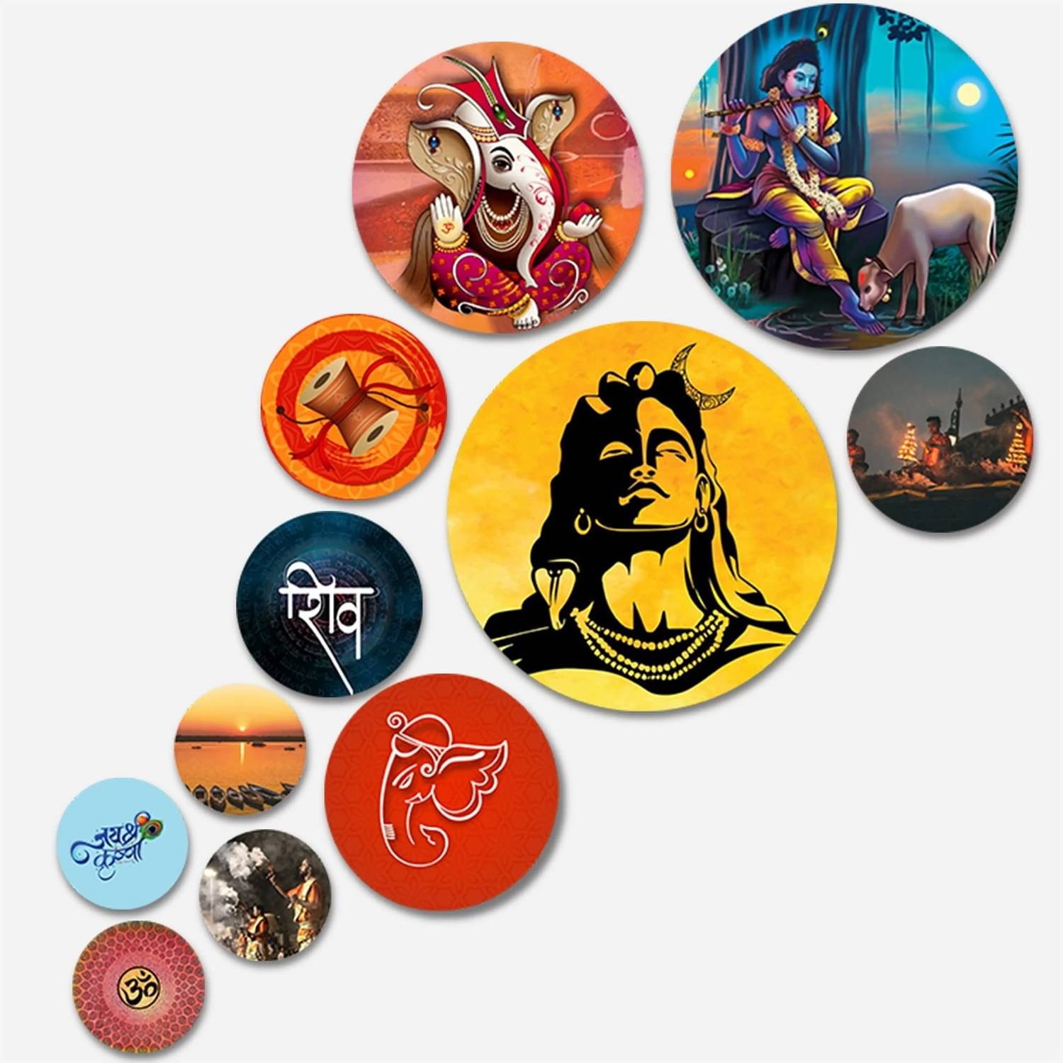     			SNDArt Set Of 11 Modern Art Lord Shiva Round Self Adhesive Wall Decor Gift Items For Living Room Digital Reprint 21 inch x 26 inch