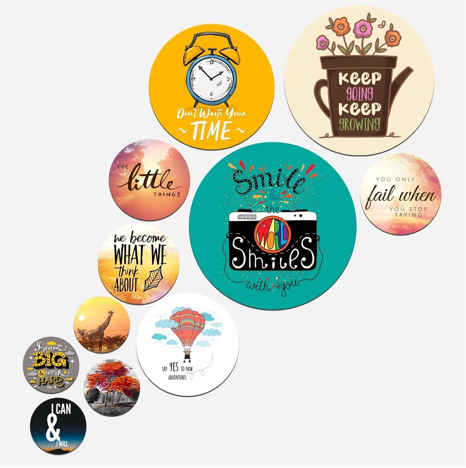     			SNFArt Set Of 11 Modern Art Motivational Quotes Round Self Adhesive Wall Paintings Digital Reprint 21 inch x 26 inch Painting  (Without Frame, Pack of 11)