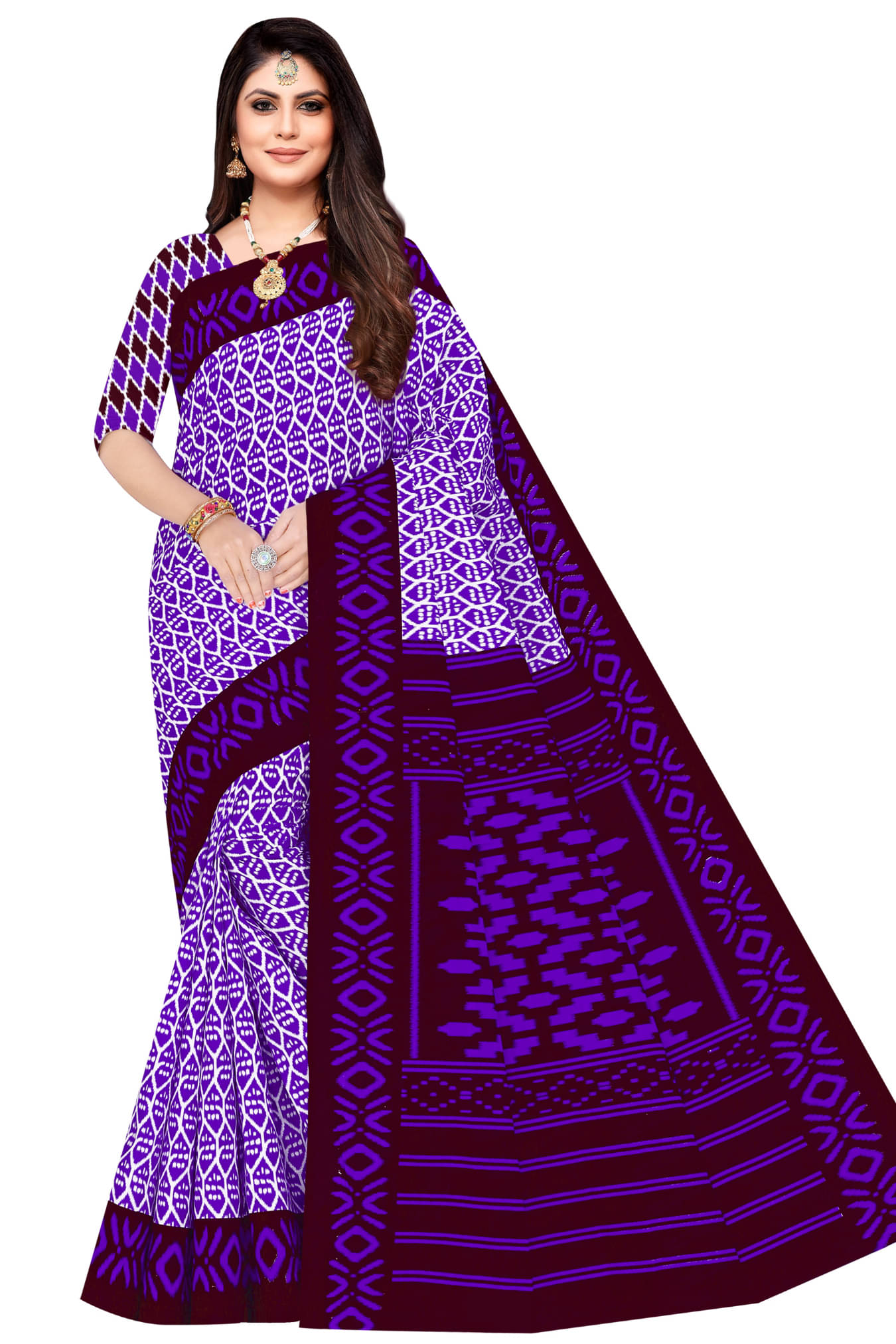     			Sarita Saree Cotton Printed Sambalpuri Saree Without Blouse Piece ( Purple )