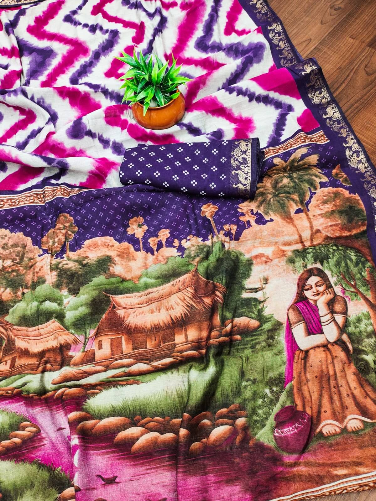     			Sitanjali Cotton Printed Sambalpuri Saree With Unstitched Blouse Piece ( Purple )