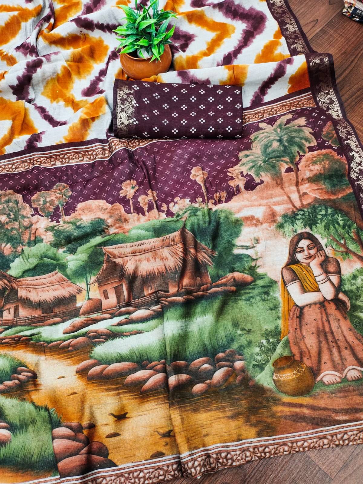     			Sitanjali Cotton Printed Sambalpuri Saree With Unstitched Blouse Piece ( BROWN )