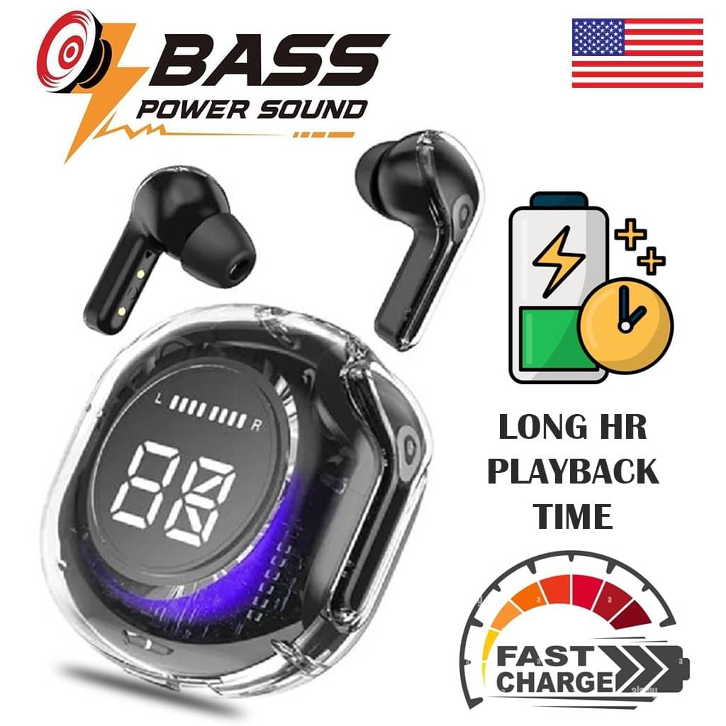     			Stylish Transparent True Wireless Earphones, LED Display Charging Case, HD Sound, Comfort Fit & Bluetooth 5.3
