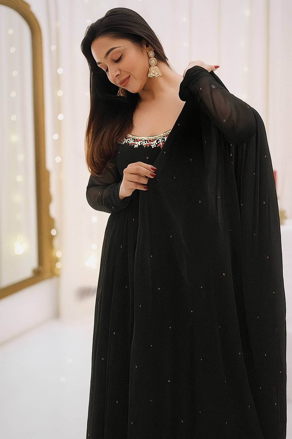     			Trandtide Women Georgette Anarkali Stitched Ethnic Gown With Dupatta ( Black )