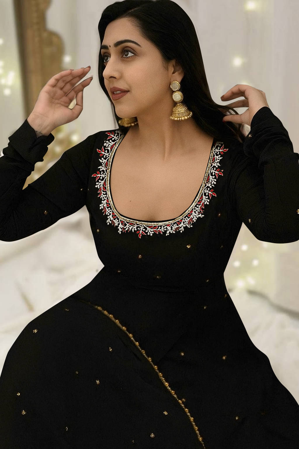 Trandtide Women Georgette Anarkali Stitched Ethnic Gown With Dupatta ( Black ) Trandtide Women Georgette Anarkali Stitched Ethnic Gown With Dupatta ( Black )