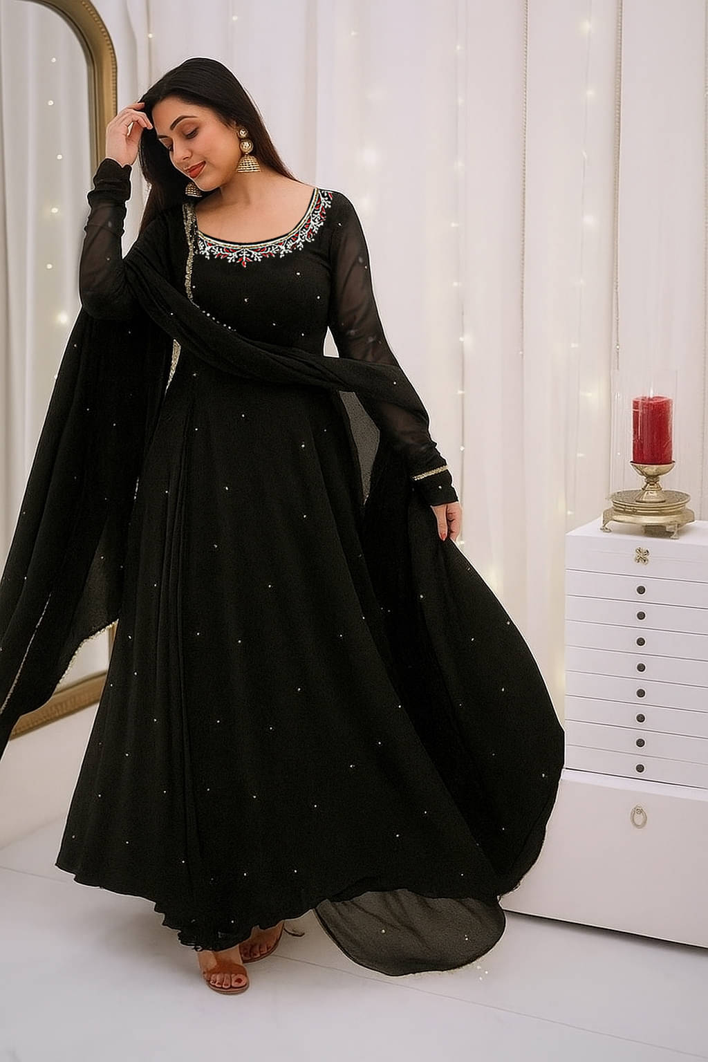     			Trandtide Women Georgette Anarkali Stitched Ethnic Gown With Dupatta ( Black )