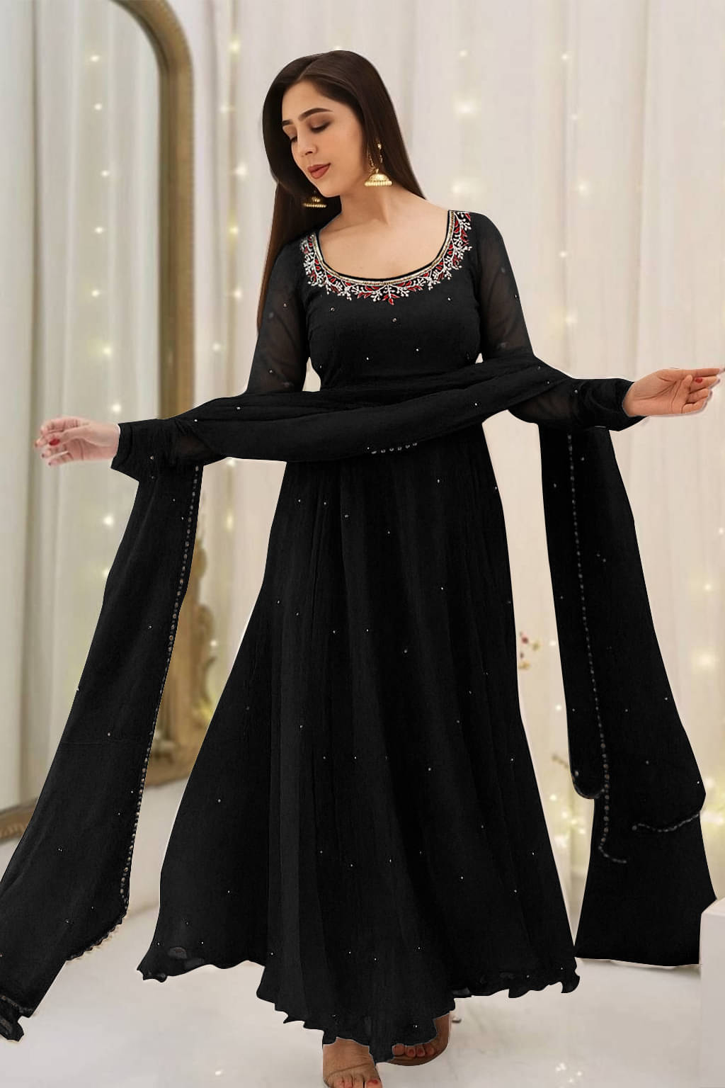 Trandtide Women Georgette Anarkali Stitched Ethnic Gown With Dupatta ( Black ) Trandtide Women Georgette Anarkali Stitched Ethnic Gown With Dupatta ( Black )