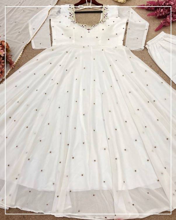 Trandtide Women Georgette Anarkali Stitched Ethnic Gown With Dupatta ( White ) Trandtide Women Georgette Anarkali Stitched Ethnic Gown With Dupatta ( White )