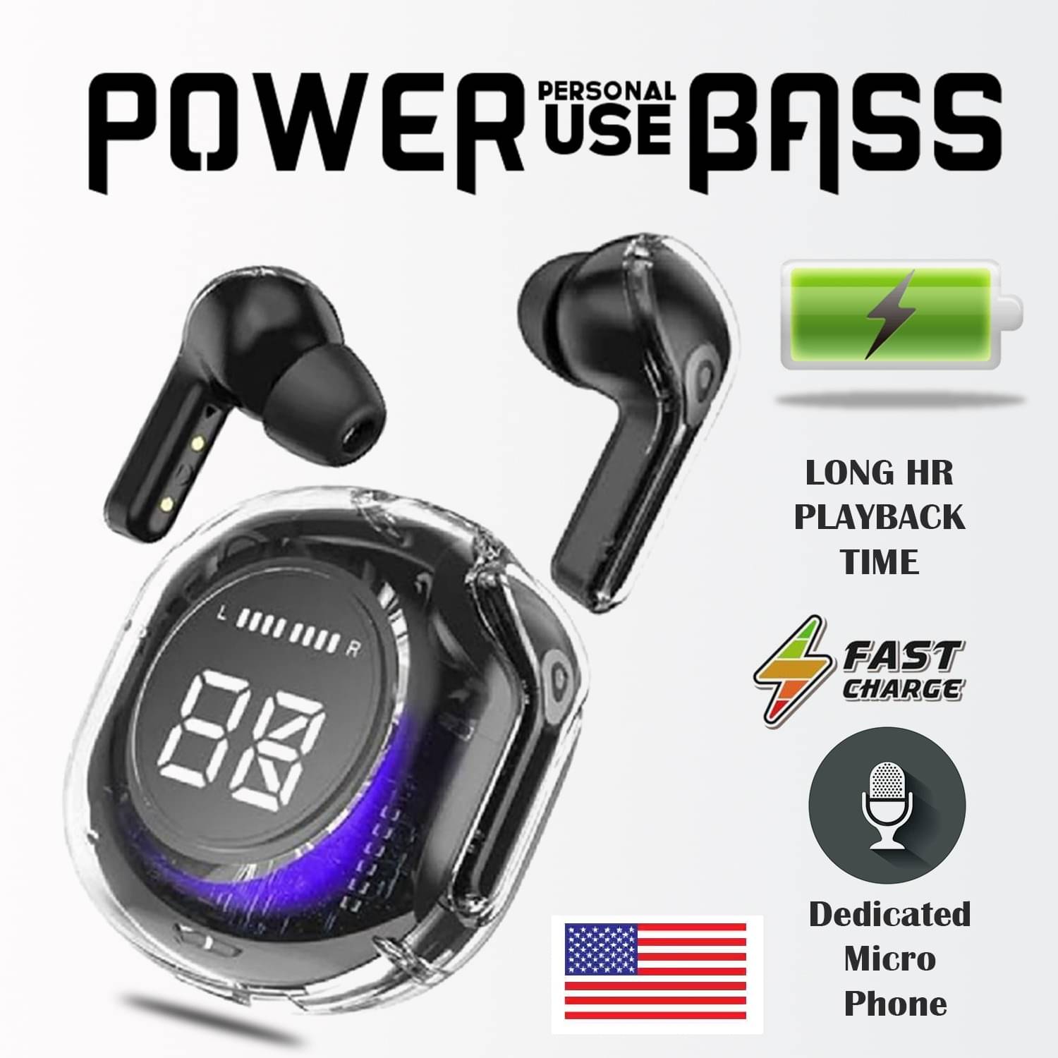     			Transparent Bluetooth Earbuds with LED Digital Display Case, Touch Control, Hi-Fi Stereo Sound & Long Battery Life