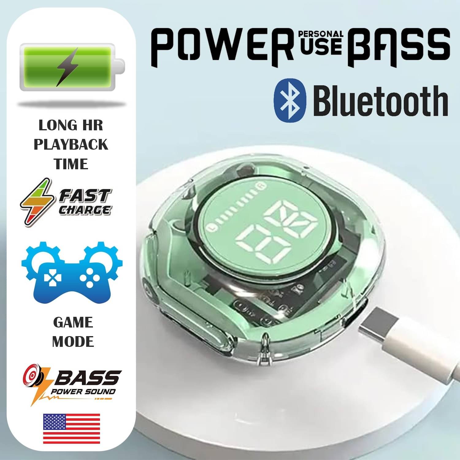     			Transparent Bluetooth Headphones with LED Display Charging Case, Premium Sound Quality, Smart Touch & Long Playtime