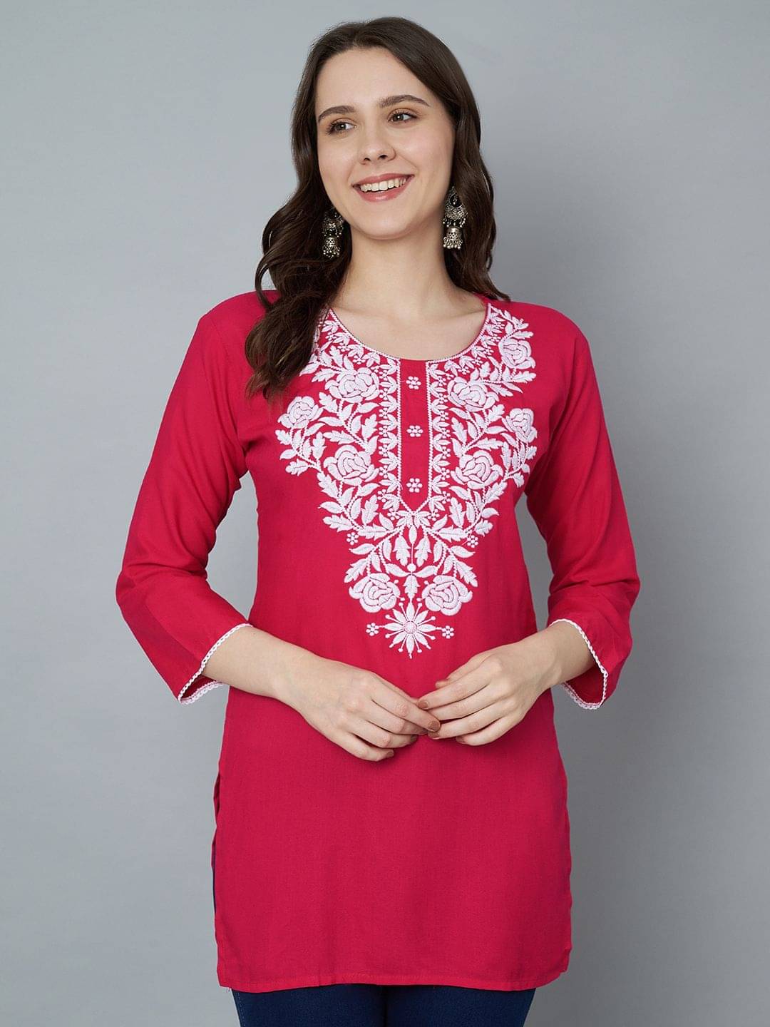 Trend Level Women Viscose Rayon Embroidered Straight Kurti ( Pink )     			Trend Level Women Viscose Rayon Embroidered Straight Kurti ( Pink )