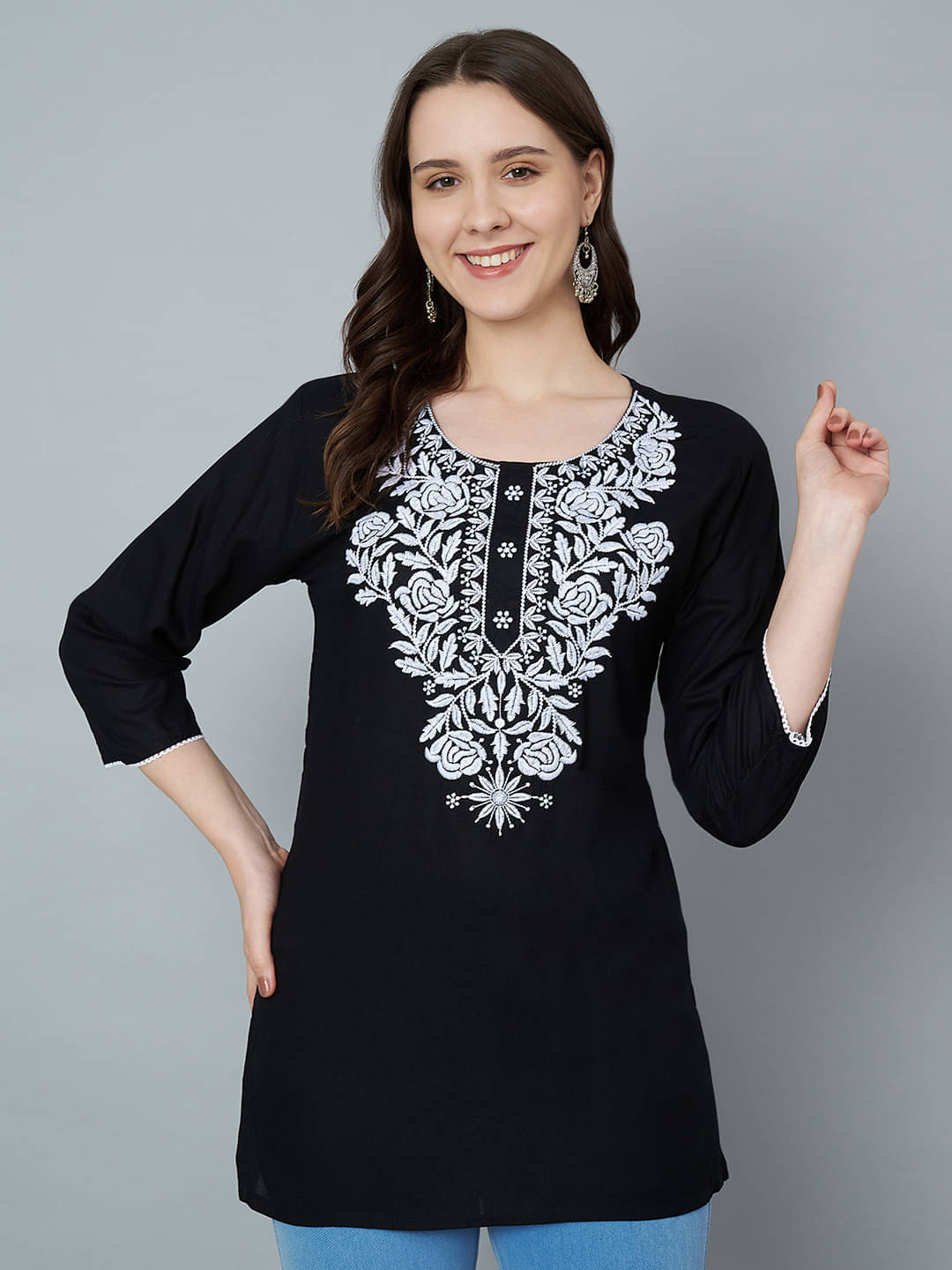     			Trend Level Women Viscose Rayon Embroidered Straight Kurti ( Black )