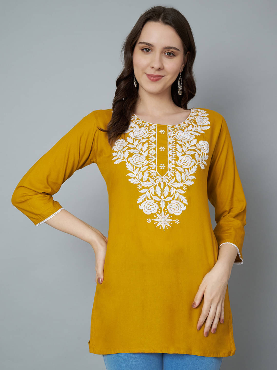     			Trend Level Women Viscose Rayon Embroidered Straight Kurti ( Mustard )