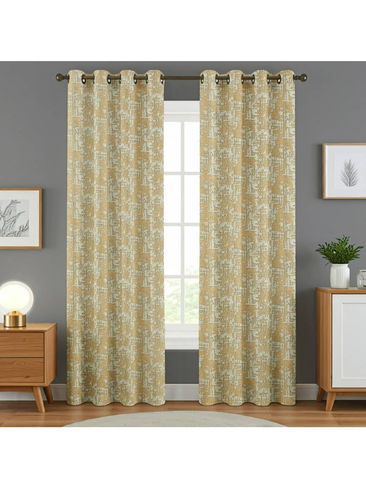 UrbanArts Abstract Printed Room Darkening Eyelet Curtain 5 ft ( Pack of 2 ) - Gold     			UrbanArts Abstract Printed Room Darkening Eyelet Curtain 5 ft ( Pack of 2 ) - Gold