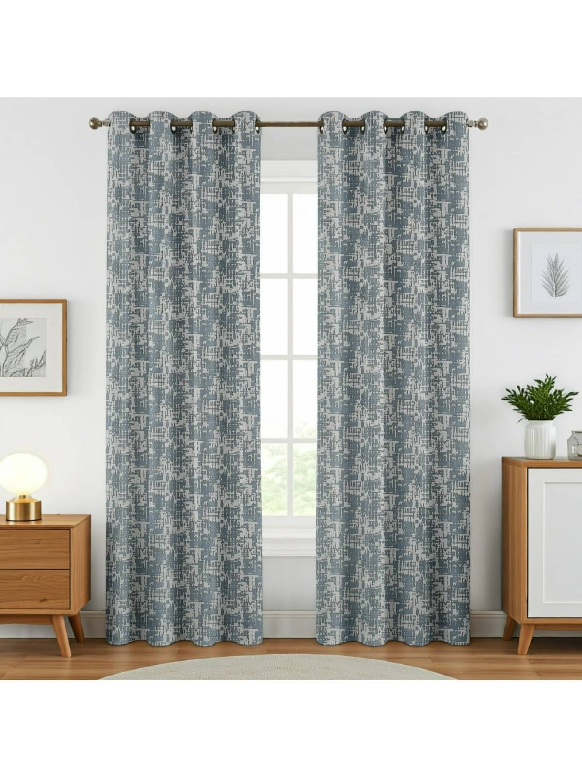     			UrbanArts Abstract Printed Room Darkening Eyelet Curtain 7 ft ( Pack of 2 ) - Aqua